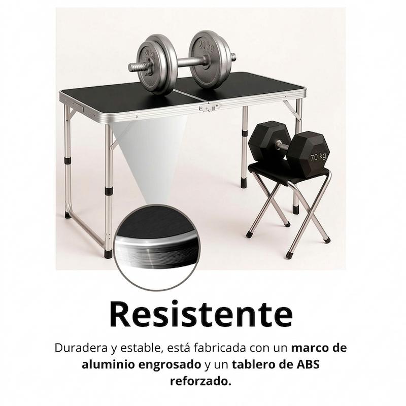 Mesa plegable ajustable 120 cm con 4 sillas estilo portafolio para camping, picnic o jardín, fabricada en plástico resistente con estructura de metal ligera, ideal para exteriores y fácil de transportar.