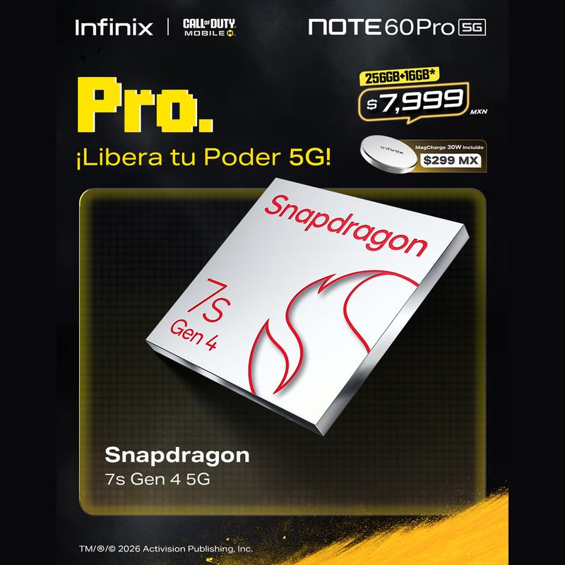 Infinix Note 60 Pro 5G 12GB+12GB RAM 256GB | Pantalla AMOLED 6.78" 1.5K 144Hz | Snapdragon 7s Gen 4 | Batería 6000mAh Carga Rápida 90W | Cámara 50MP OIS | NFC | Dual SIM | Android 16