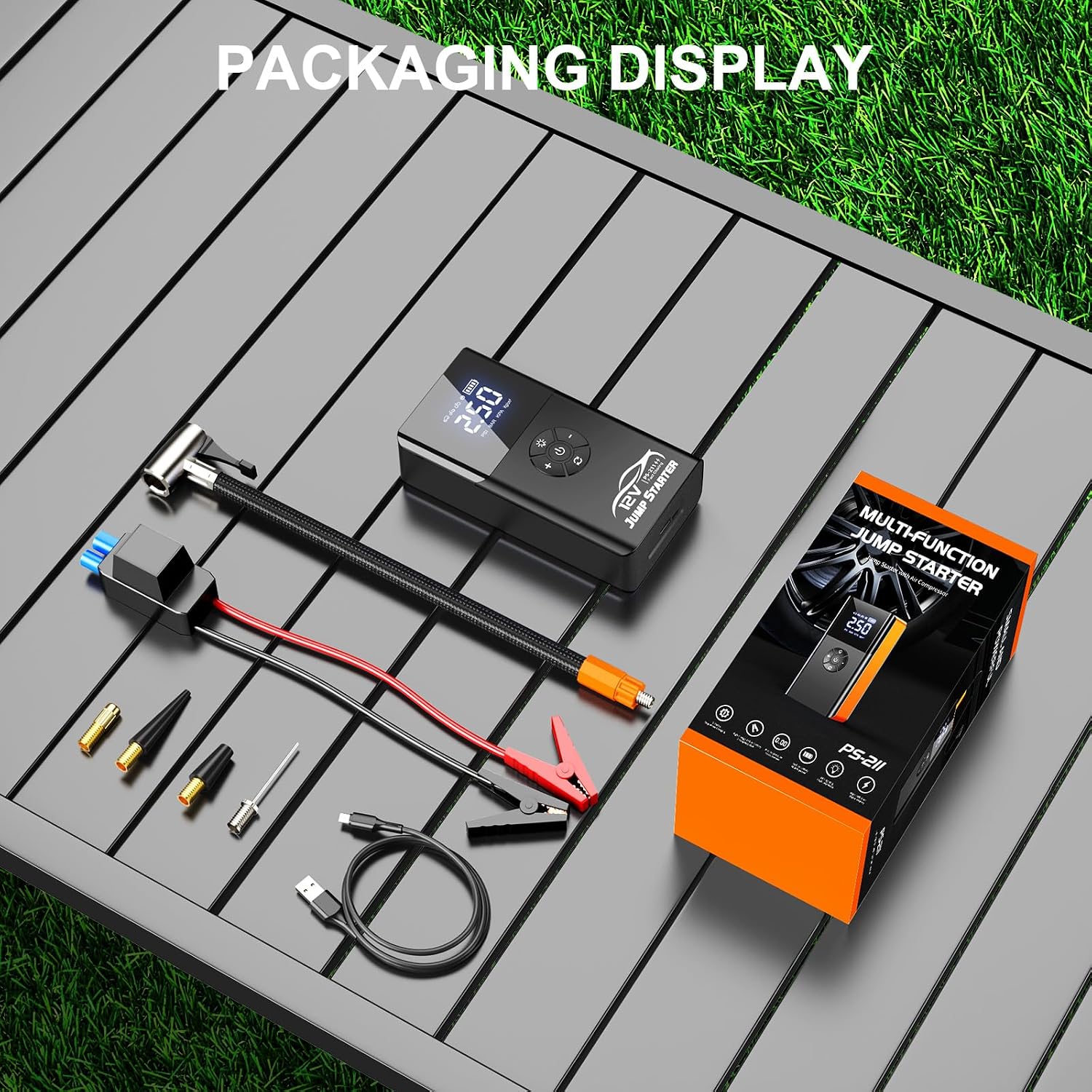Arrancador de batería con compresor de aire, 8000 A y 180 PSI; arrancador portátil para baterías de coche (compatible con todos los motores de gasolina y diésel de hasta 12 L), cargador de 12 V con cables de arranque y luces LED de 4 modos.