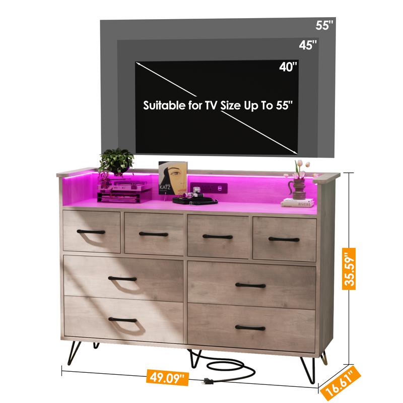 Amplio almacenaje y carga eficiente - Mueble recibidor con 8 cajones grandes y estación de carga - Luz LED RGB con control remoto - Madera resistente para dormitorio, salón o entrada - Color negro