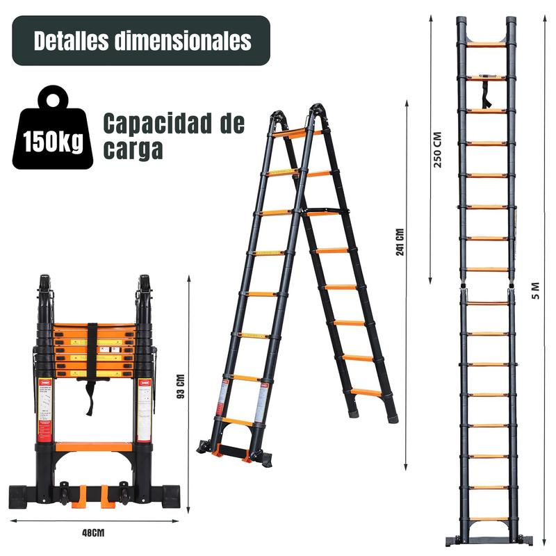 3.8M-5M Escalera Telescópica Tijera Aluminio (naranja/verde)
