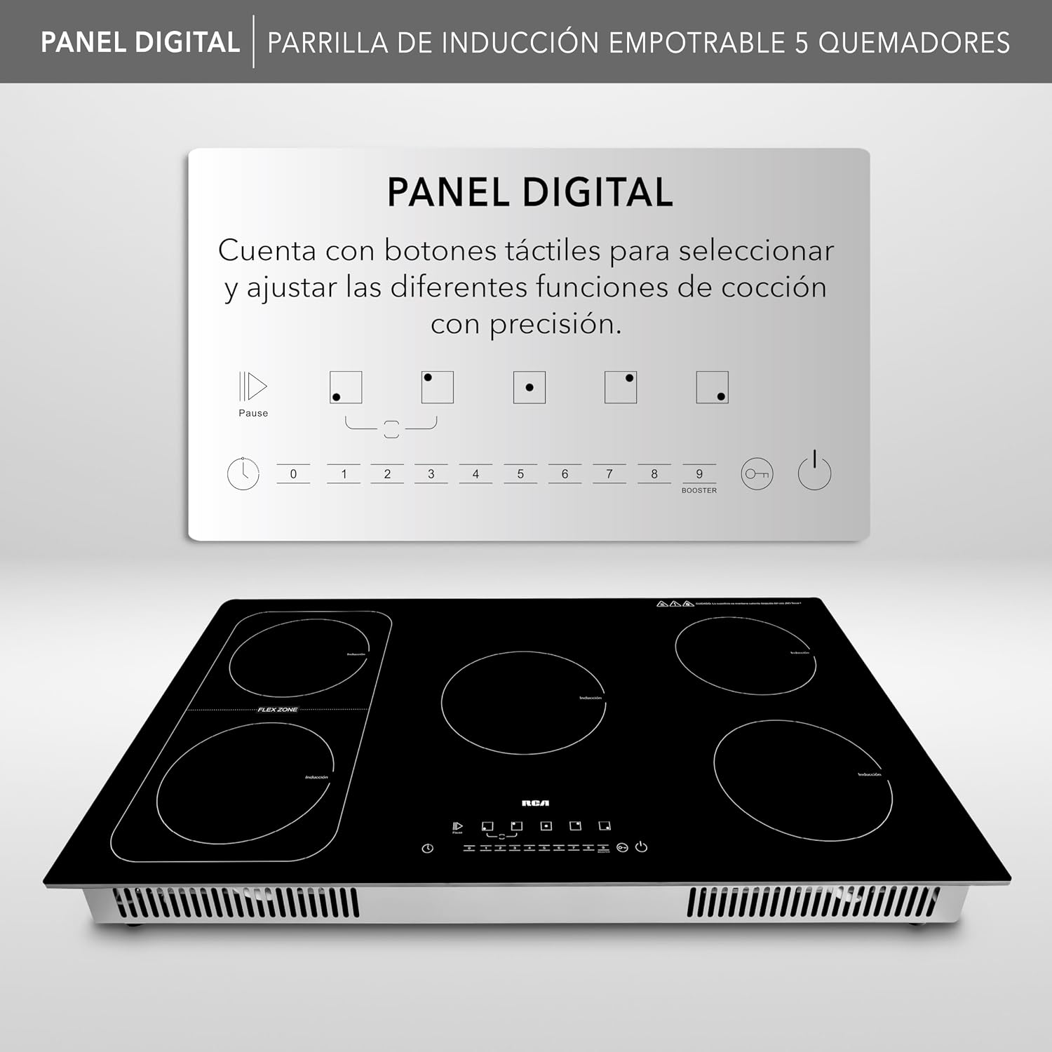 RCA Parrilla de Inducción Empotrable RC-12A15 de 5 Quemadores Vidrio Templado, Control Táctil, Temporizador 9 Niveles, Temperatura Zona Flex, Seguridad con Bloqueo Touch, Sistema Antiderrapante.