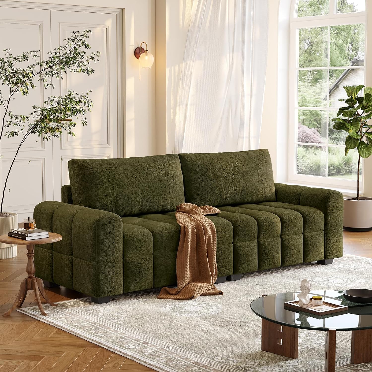 ONBRILL Sofá biplaza de 82 pulgadas, moderno sofá de felpilla para sala de estar, cojín de asiento de punto de tiro, fácil montaje, cómodo asiento de dos plazas para espacios pequeños, dormitorio, apartamento, verde