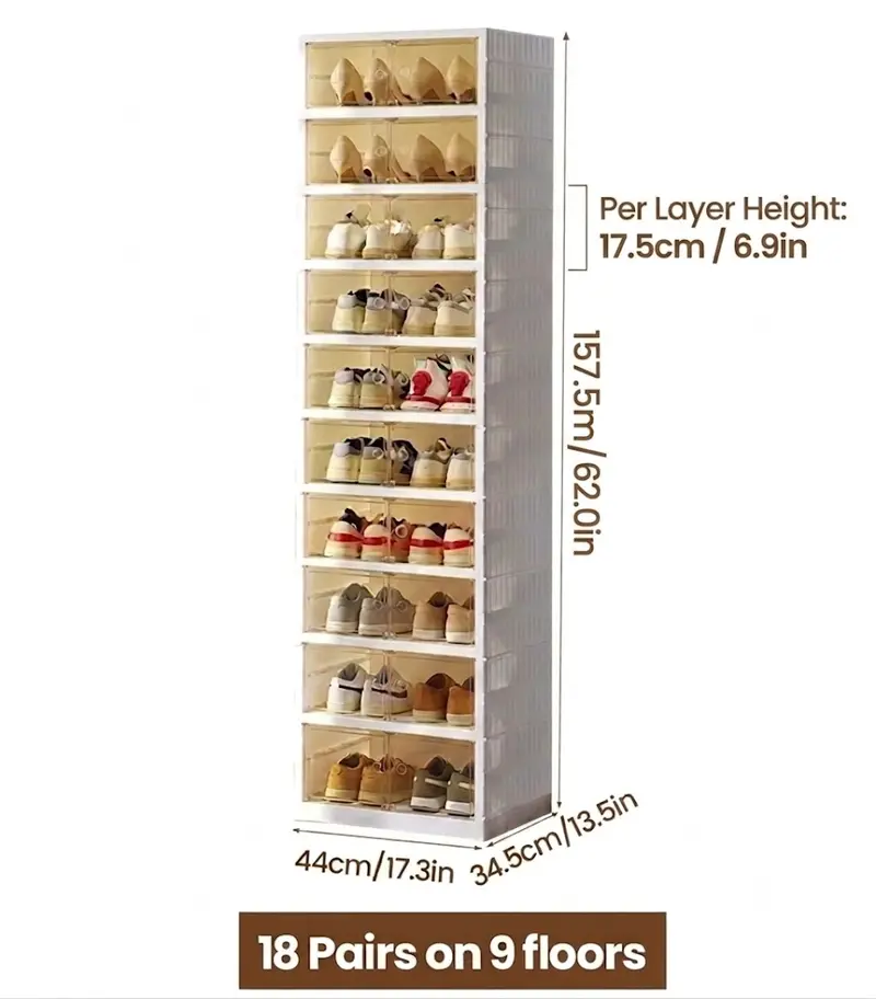 🥿9-Tier Foldable Plastic Shoe Rack Organizer - Multilayer Display, Closet Storage System Solution for 18 Pairs, Collapsible Stackable Design, Magnetic, Easy Installation, Fold for Tiny Spaces, Compact Home Storage