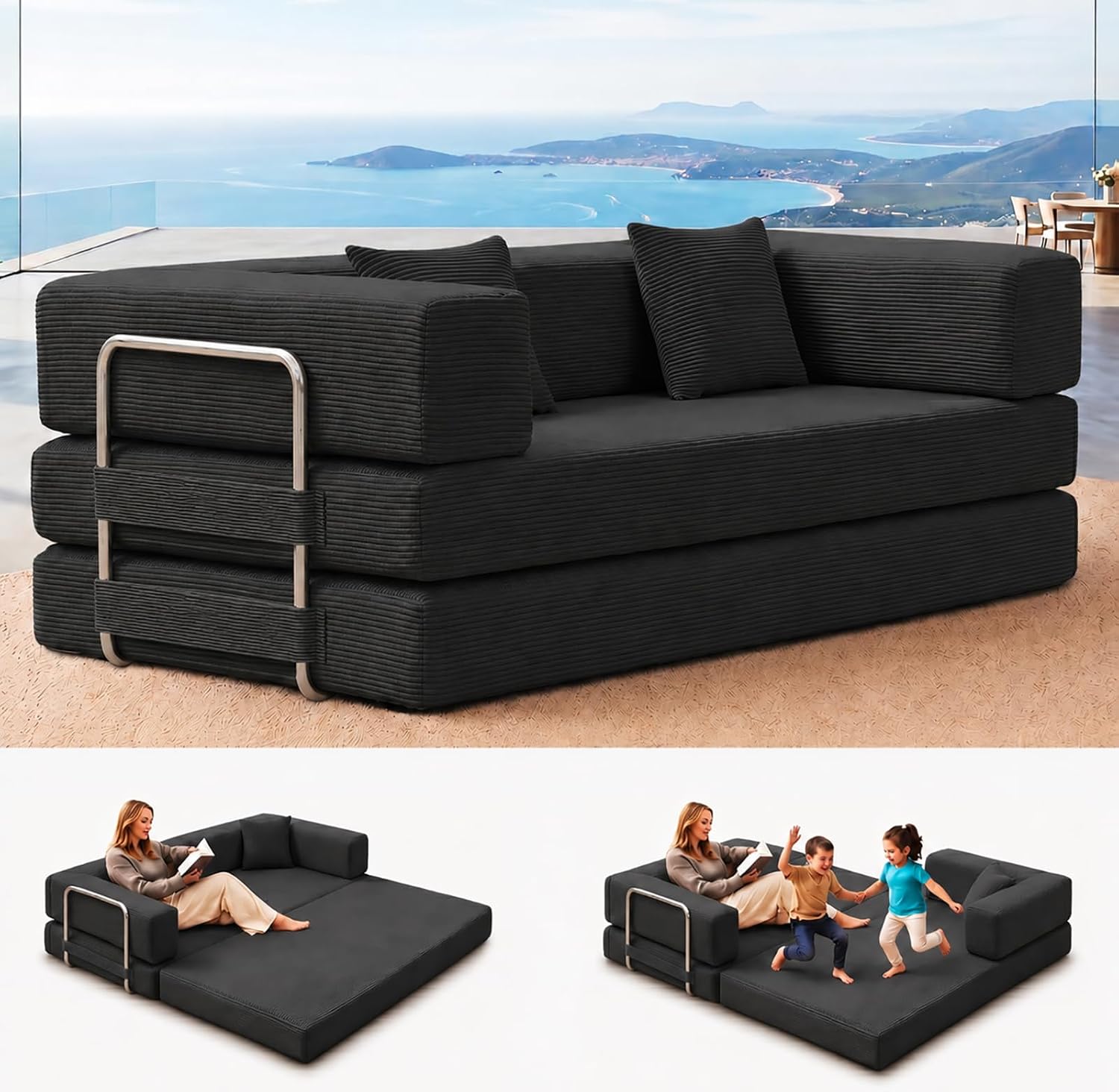 Sofá cama doble tapizado, plegable y convertible, ideal para espacios pequeños como apartamentos, residencias estudiantiles o salas de estar pequeñas. Puede utilizarse para relajarse, leer o tomar una siesta.