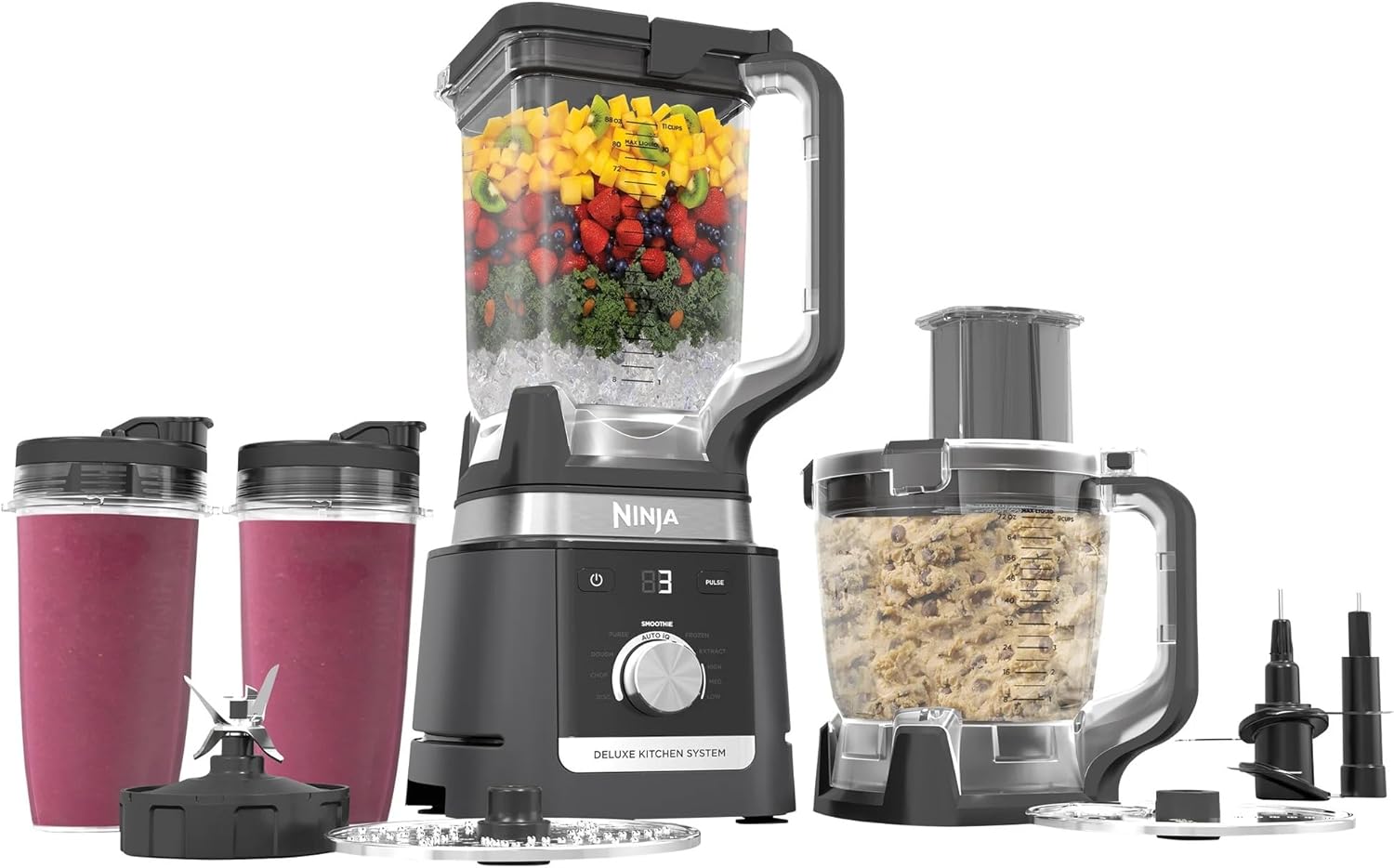 Ninja CO905KS Deluxe Kitchen System, 1600 WP Auto-IQ Base, 88-oz. Picther, 9-cup Deluxe Food Processor, (2) 24-oz. Single-Serve Cups (Renewed)