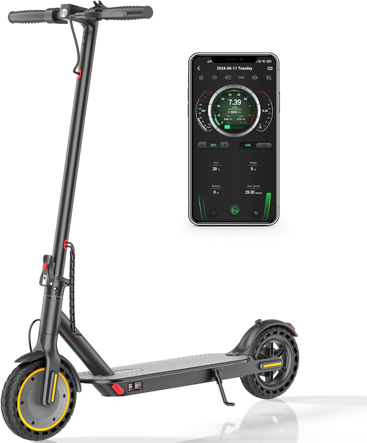 Scooter eléctrico Qlaway de 8,5 pulgadas para adultos: velocidad de 19/20 mph, motor de 350/500 W, batería de 187,2/288,6/444 Wh, autonomía de hasta 22 millas, diseño plegable, capacidad de carga de 265 libras y control por aplicación.