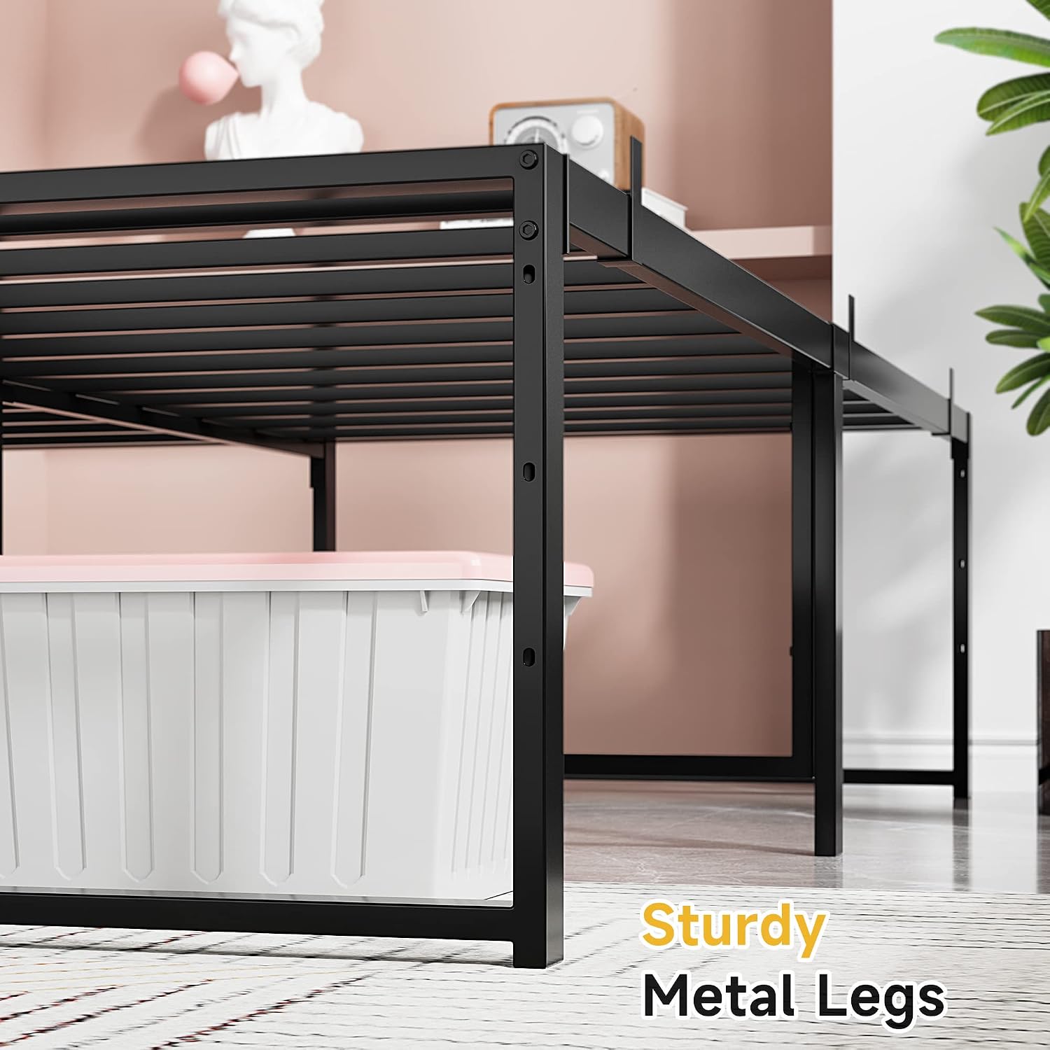 IDEALHOUSE - Estructura de cama de plataforma de metal tamaño Queen con resistentes láminas de acero; base para colchón (no requiere somier), amplio espacio de almacenamiento, fácil montaje, estable y silenciosa, color negro (Modelo: C80)