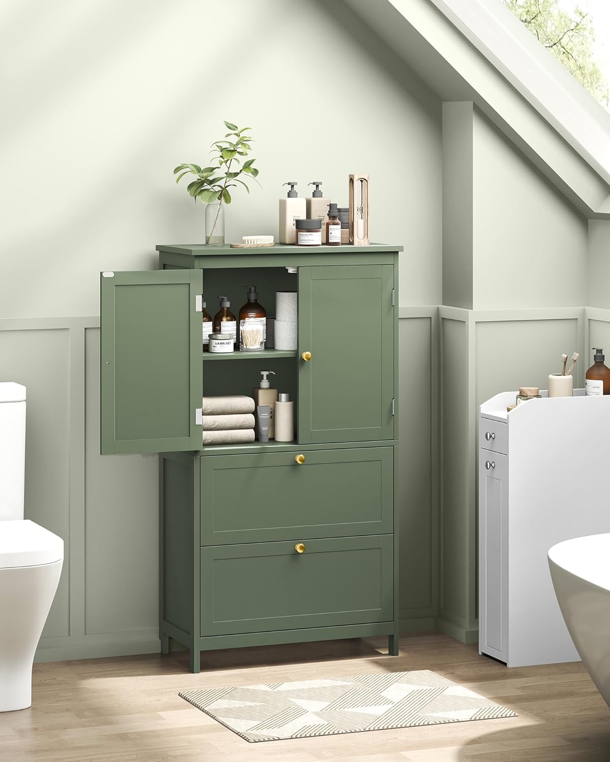 VASAGLE Mueble de Baño, Armario de Baño, Armario de Cocina, con 2 Puertas y 2 Cajones, Estantes Ajustables, 30 x 60 x 110 cm, Gris Paloma MBBC551G02