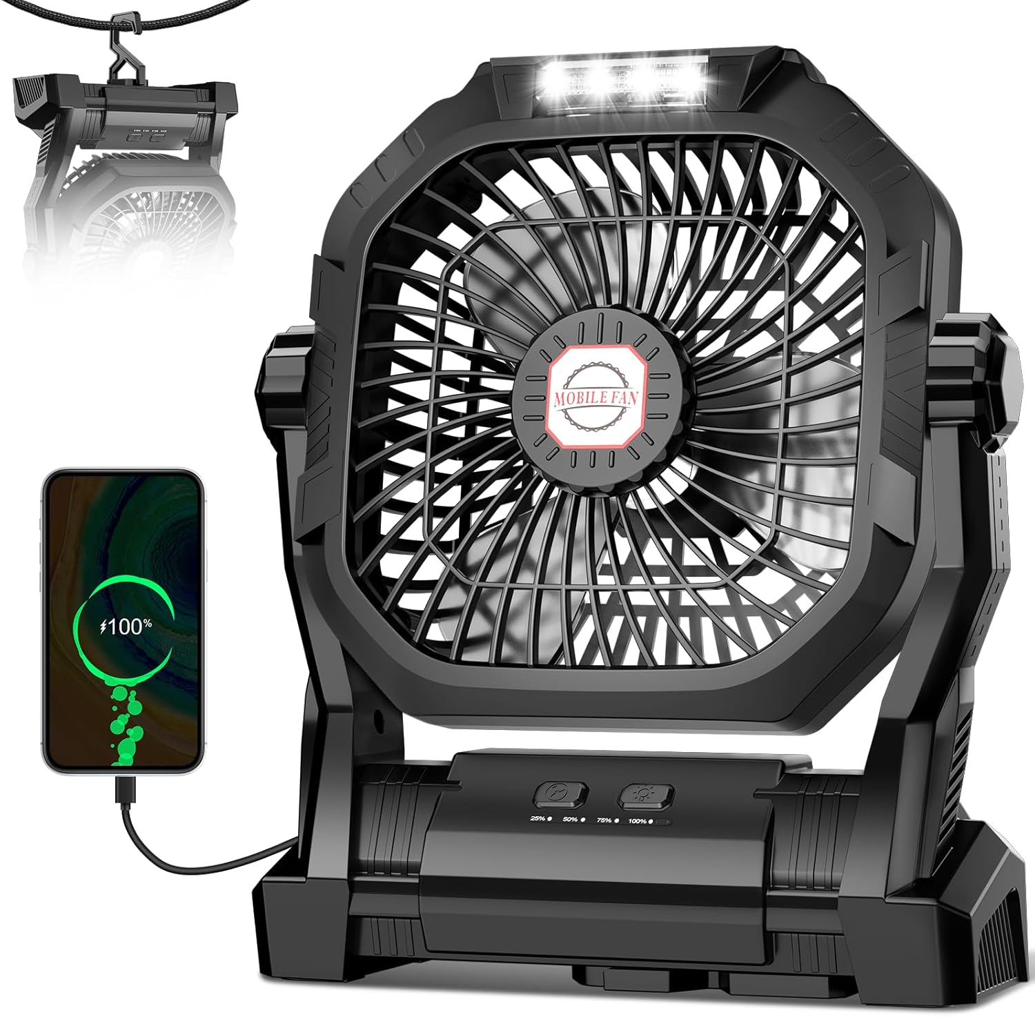 Ventilador recargable para camping, portátil y alimentado por batería de 20.000 mAh, con luz LED y gancho; cuenta con 4 velocidades y cabezal ajustable 270°. Ideal para tiendas de campaña, viajes, coche, uso en interiores y exteriores, barbacoas, pesca y 