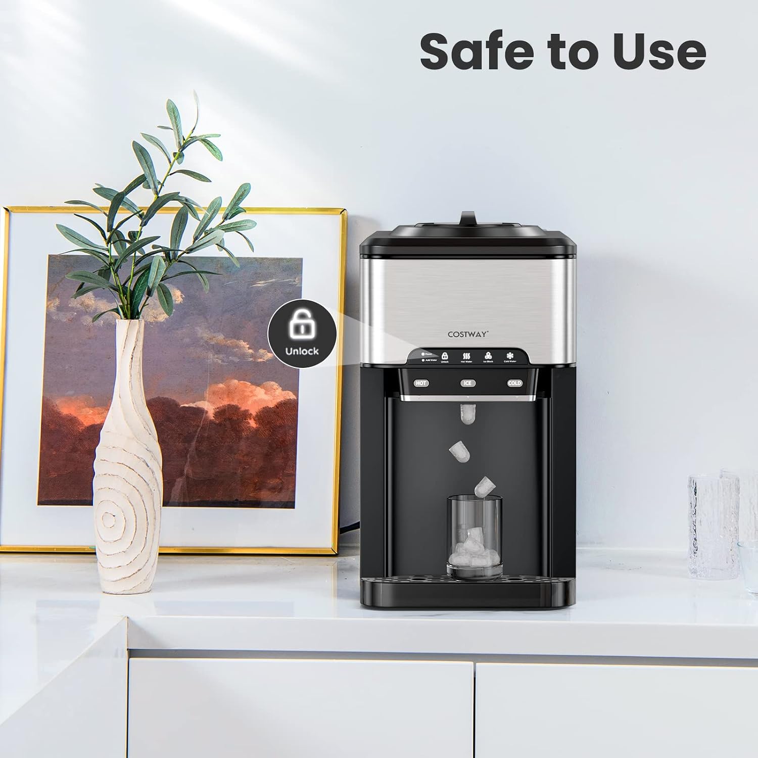COSTWAY Dispensador de agua 3 en 1 con máquina de hielo, máquina enfriadora de agua caliente y fría de carga superior para el hogar, bloqueo de seguridad, capacidad para botella de 3 a 5 galones, 48 libras/24 horas, 12 cubitos de hielo, cesta de almacenam