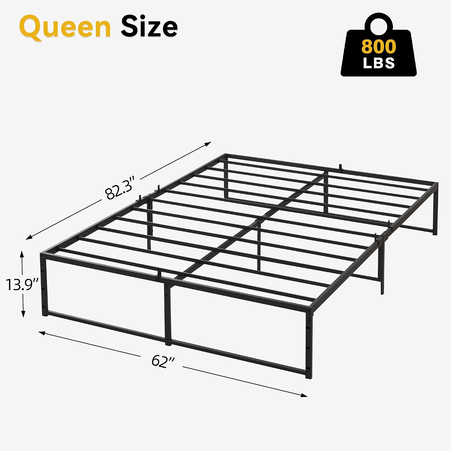 IDEALHOUSE - Estructura de cama de plataforma de metal tamaño Queen con resistentes láminas de acero; base para colchón (no requiere somier), amplio espacio de almacenamiento, fácil montaje, estable y silenciosa, color negro (Modelo: C80)
