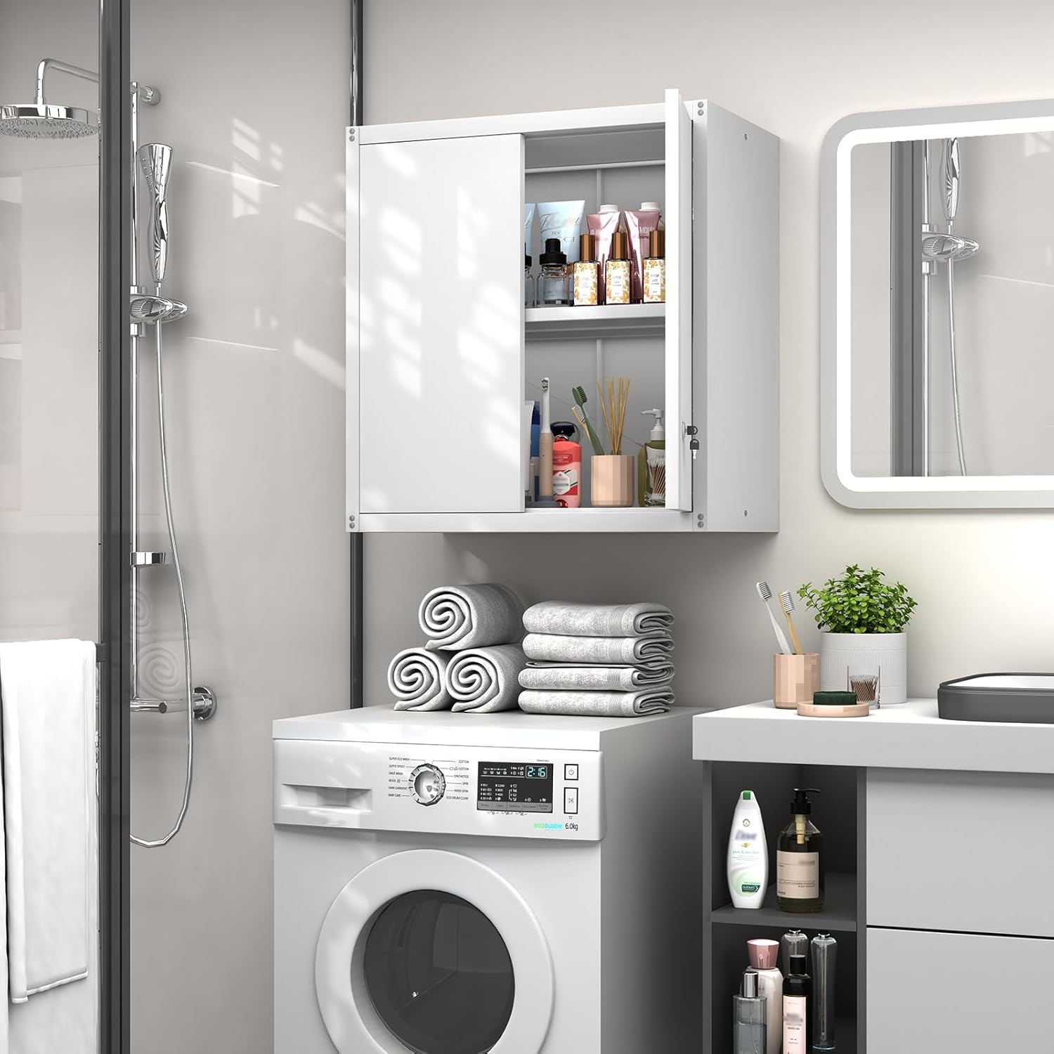 GREATMEET - clóset de almacenamiento de pared de metal con cerradura,armarios de almacenamiento de metal blanco con 1 estante ajustable y 2 puertas,gabinete de acero,desmontar H27.95 White