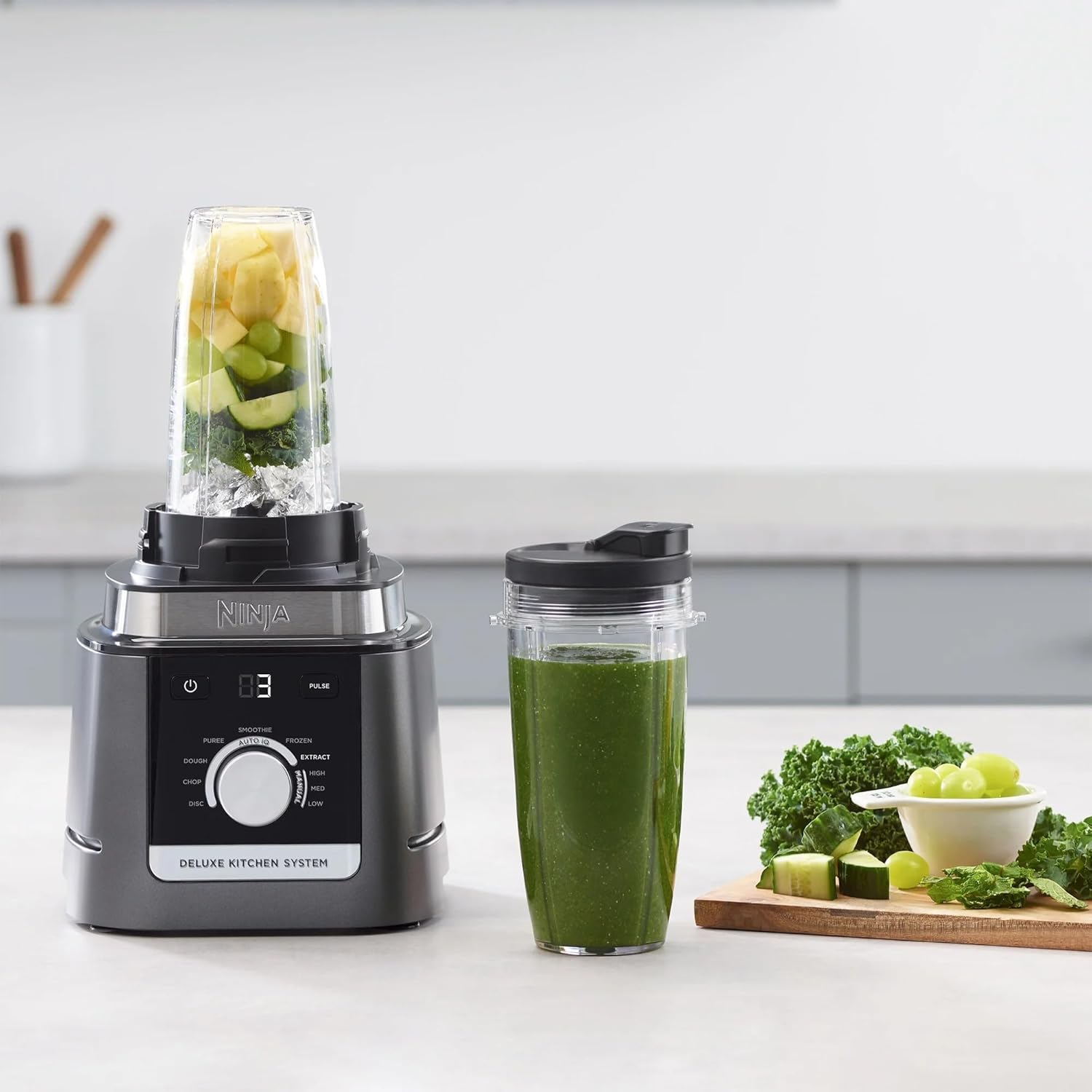 Ninja CO905KS Deluxe Kitchen System, 1600 WP Auto-IQ Base, 88-oz. Picther, 9-cup Deluxe Food Processor, (2) 24-oz. Single-Serve Cups (Renewed)