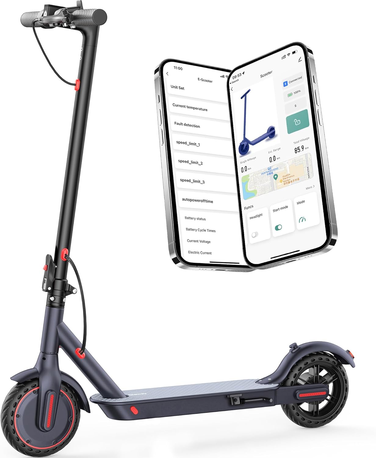Scooter eléctrico Qlaway de 8,5 pulgadas para adultos: velocidad de 19/20 mph, motor de 350/500 W, batería de 187,2/288,6/444 Wh, autonomía de hasta 22 millas, diseño plegable, capacidad de carga de 265 libras y control por aplicación.