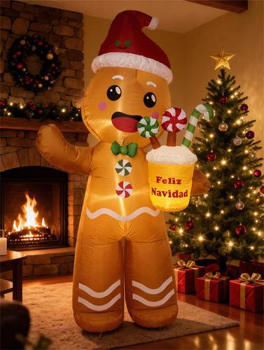 2.4m Inflable Navidad Hombre Jengibre Navideño Decoraciones— Incluye luces LED y ventilador integrados; apto para decoración de fiestas y uso en el jardín.