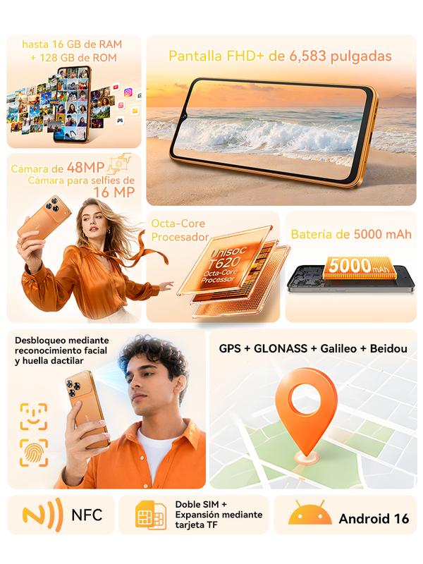 Cubot A50 Teléfono Inteligente Android 16" FHD 16GB RAM 128GB Almacenamiento 5000mAh Batería 48MP Cámara NFC Desbloqueo Facial Huella Lateral Doble SIM GPS Cuatro Satélites