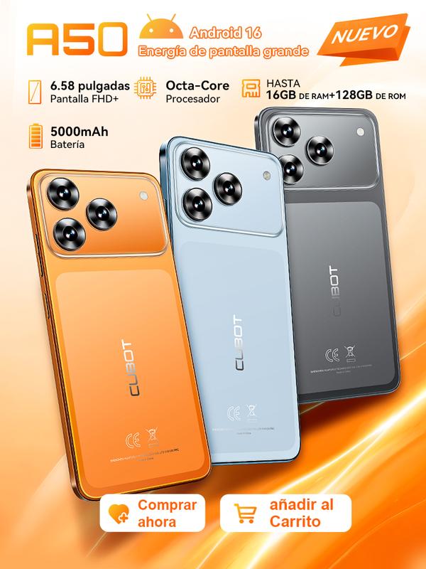 Cubot A50 Teléfono Inteligente Android 16" FHD 16GB RAM 128GB Almacenamiento 5000mAh Batería 48MP Cámara NFC Desbloqueo Facial Huella Lateral Doble SIM GPS Cuatro Satélites