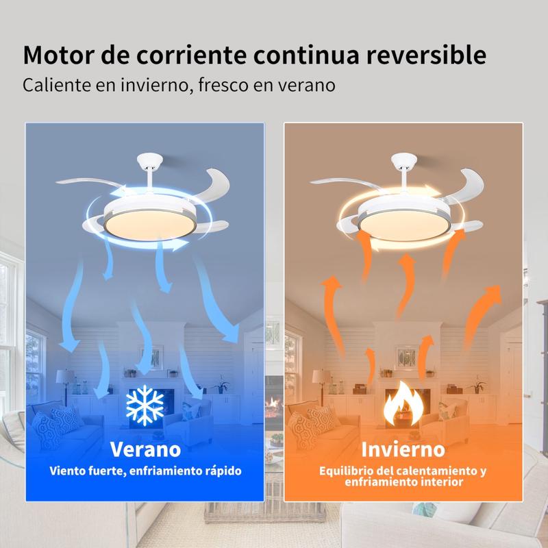 Ventilador de techo 72W con luz LED 36W+DC36W  en 3 Temperaturas de Luz con Mando a Distancia -Motor DC Eficiente y Silencioso, 3 tonalidades, aspas desplegables retráctiles, 6 velocidades, control remoto, memoria, temporizador