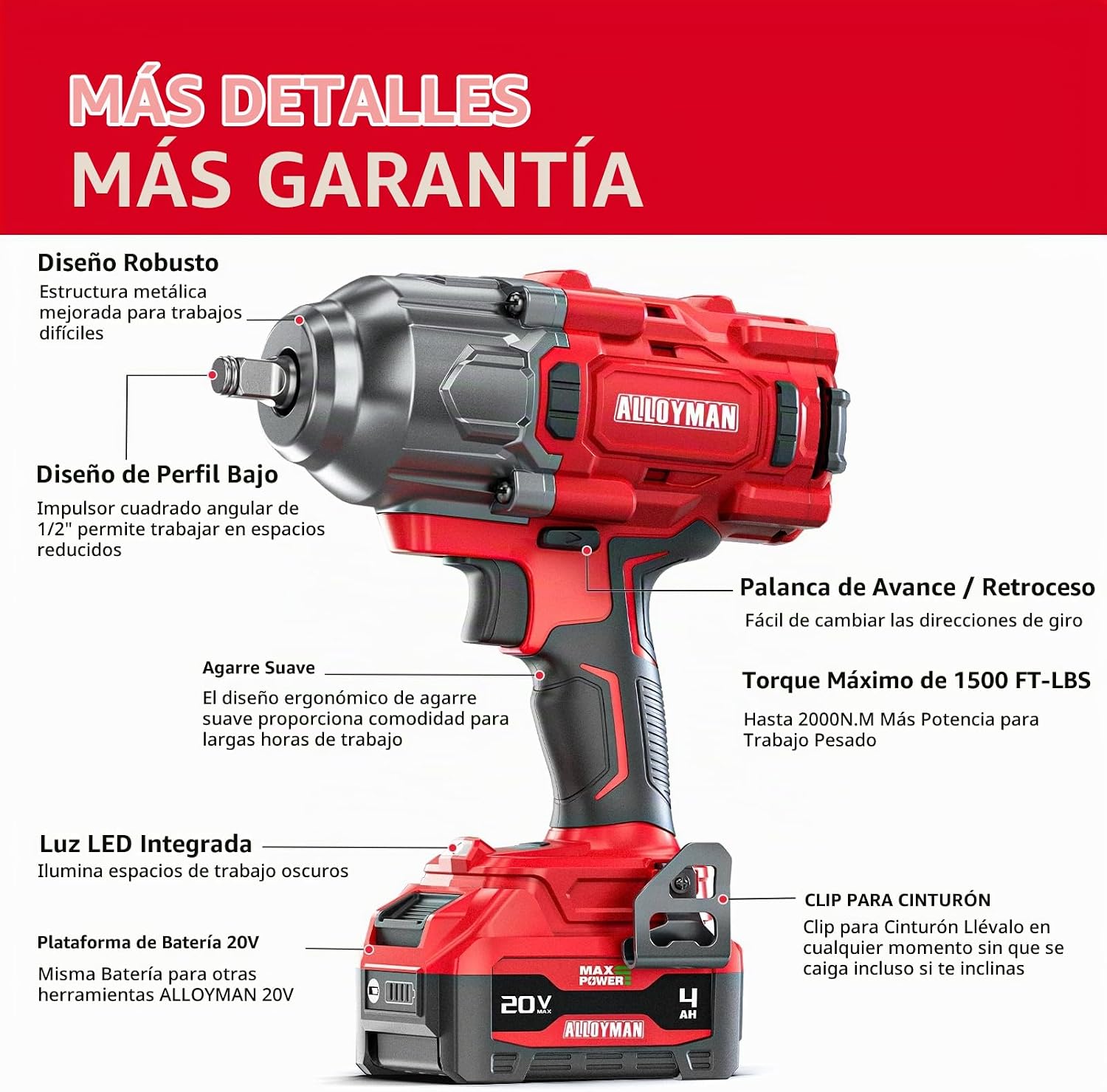 Llave de impacto inalámbrica Alloyman de 1500 pies-libra (2000 N·m) y alto par de 1/2 pulgada
