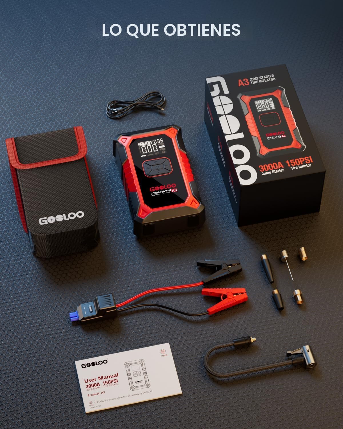 Arrancador portátil GOOLOO A3 de 12 V y 3000 A con compresor de aire