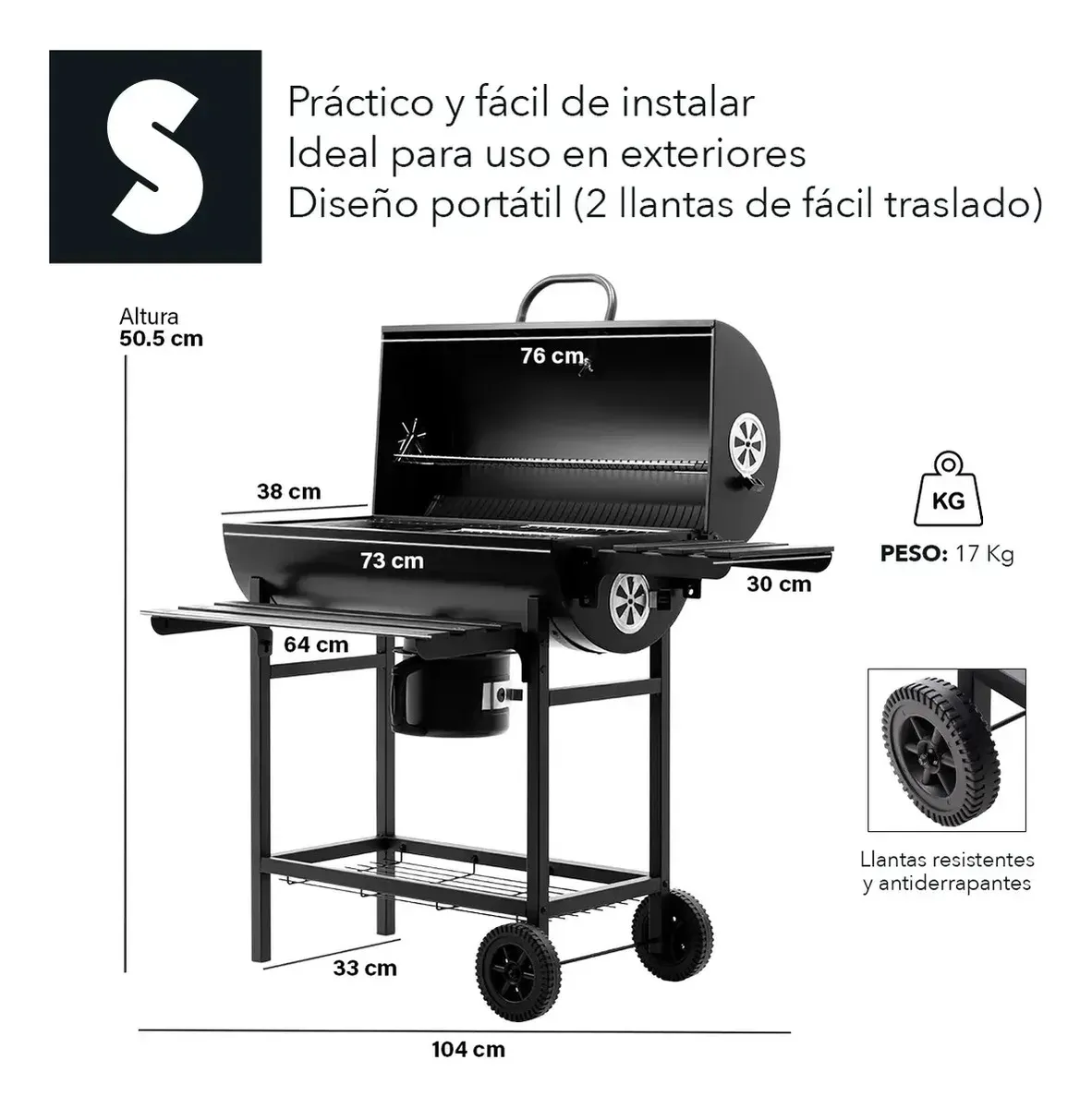 Parrilla Asador De Carbón Tipo Barril Con Ruedas Acero Inox Negro
