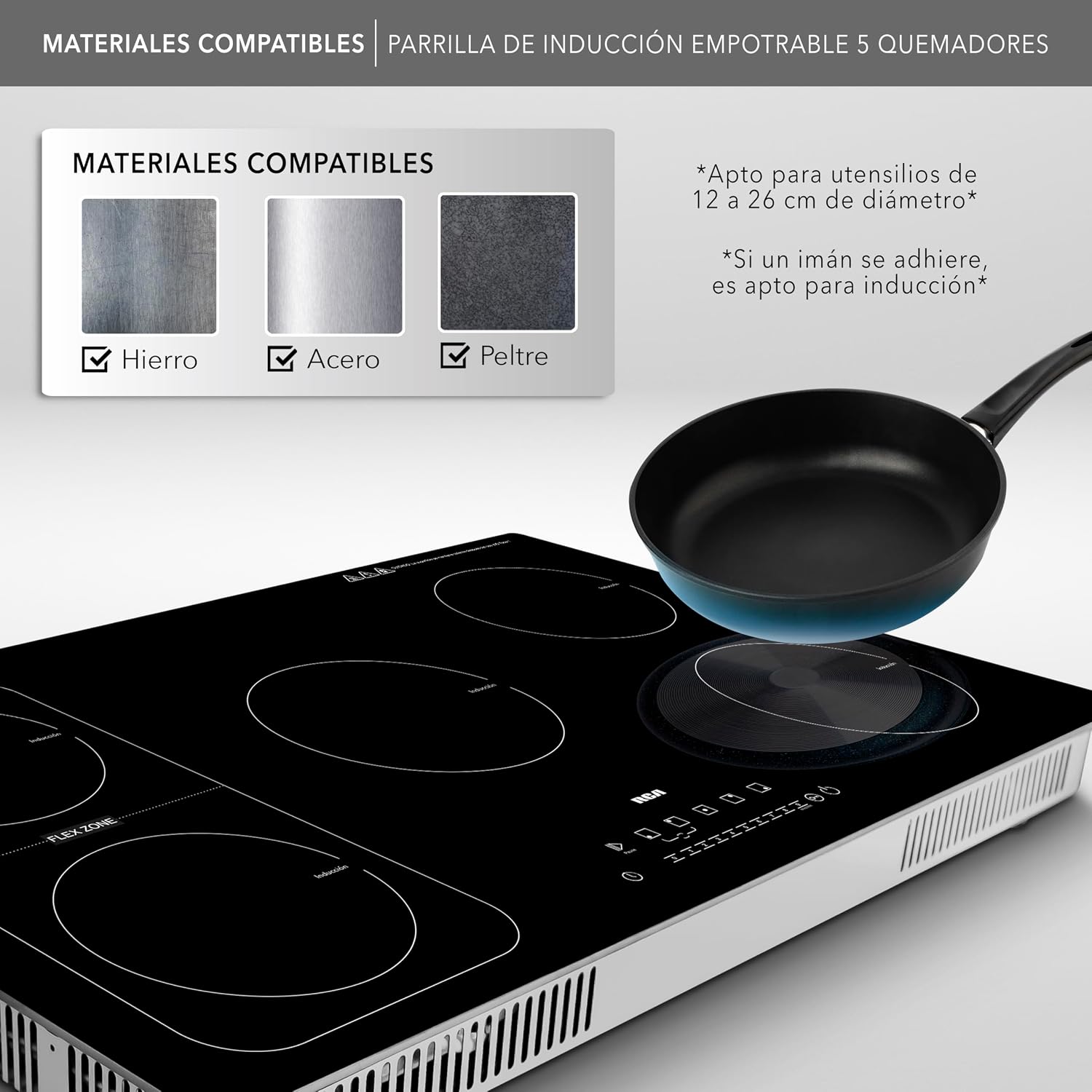 RCA Parrilla de Inducción Empotrable RC-12A15 de 5 Quemadores Vidrio Templado, Control Táctil, Temporizador 9 Niveles, Temperatura Zona Flex, Seguridad con Bloqueo Touch, Sistema Antiderrapante.