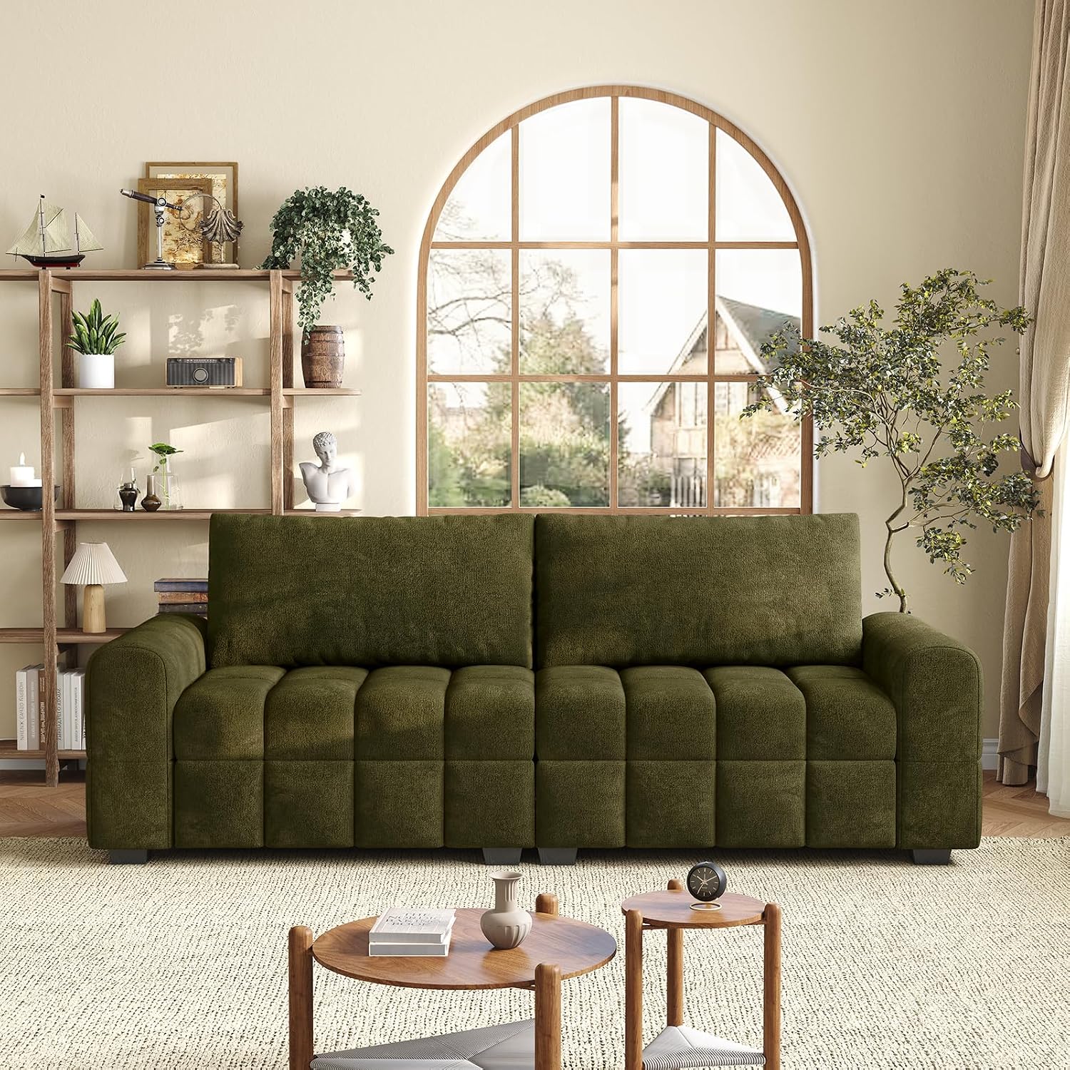 ONBRILL Sofá biplaza de 82 pulgadas, moderno sofá de felpilla para sala de estar, cojín de asiento de punto de tiro, fácil montaje, cómodo asiento de dos plazas para espacios pequeños, dormitorio, apartamento, verde