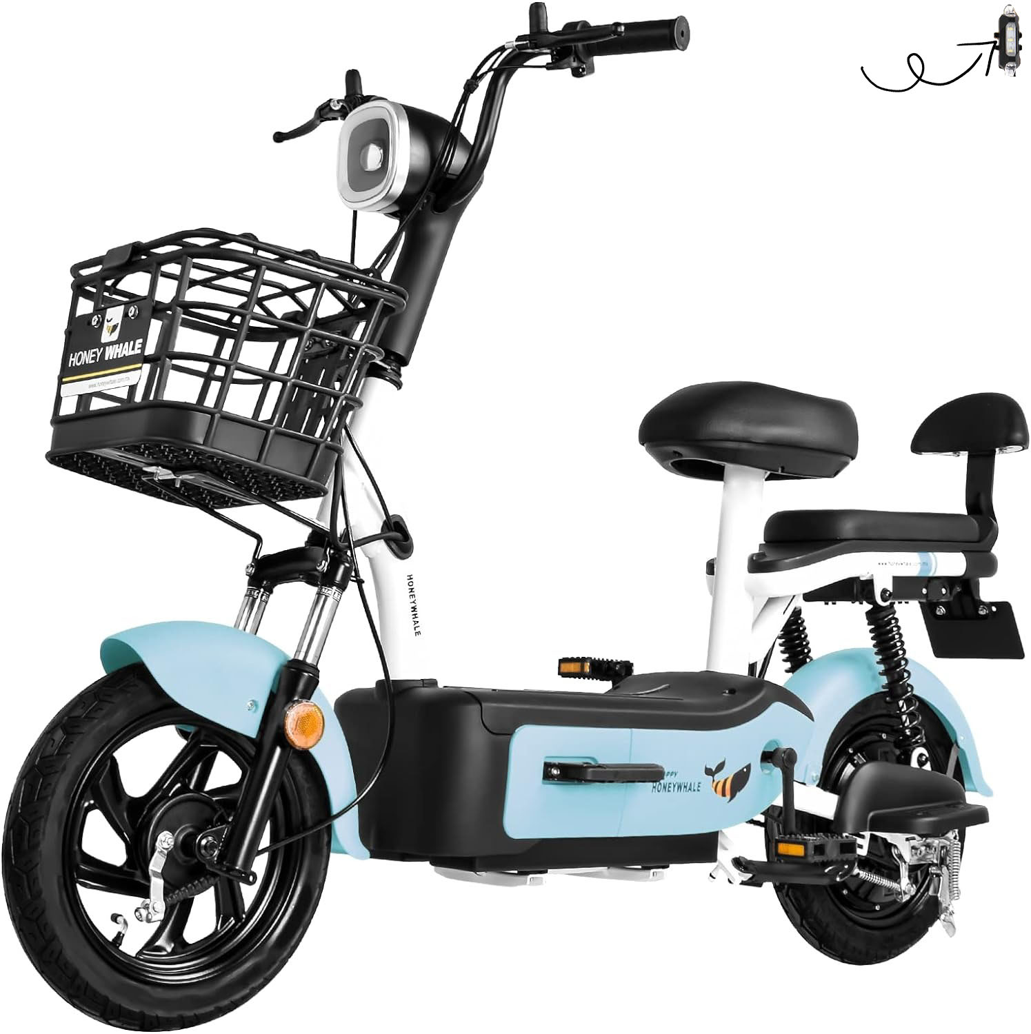 HONEYWHALE U1s Bicicleta eléctrica para adultos, bicicleta eléctrica con alarma, motor máximo 650W, velocidad máxima 31KM/H, autónoma 60-65KM, batería de gran capacidad 20AH, dos asientos