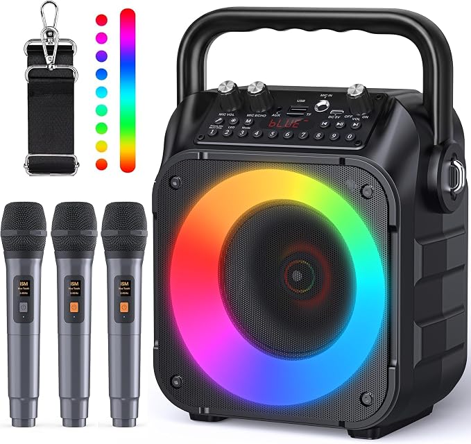 Máquina de karaoke, altavoz Bluetooth portátil con 2 micrófonos inalámbricos para adultos y niños con luces, micrófono de karaoke con sistema PA compatible con USB/TF/FM/AUX para paquetes de sistema