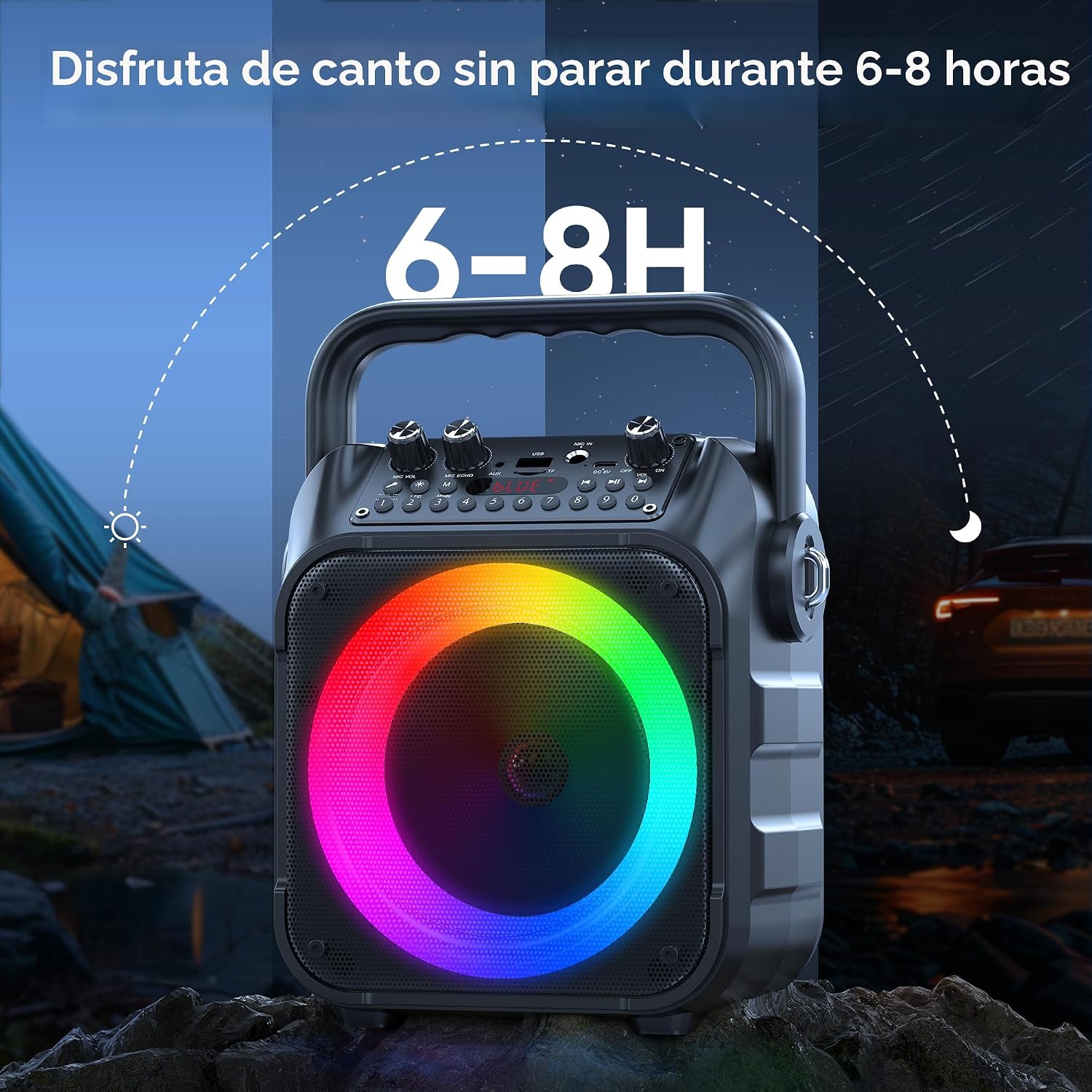 Máquina de karaoke, altavoz Bluetooth portátil con 2 micrófonos inalámbricos para adultos y niños con luces, micrófono de karaoke con sistema PA compatible con USB/TF/FM/AUX para paquetes de sistema