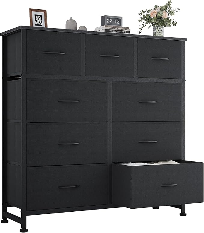 Cómoda Alta de 9 Cajones para Recámara y Closet, Mueble Organizador de Ropa y Juguetero para Bebé, Cajonera de Tela con Estante de Madera, Torre de Almacenamiento Vertical (Blanco)