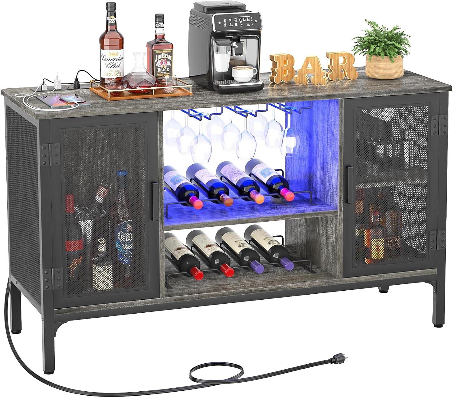 Homieasy Gabinete de Bar de Vino con Tomas de Corriente y Luces LED, Gabinete Industrial para Licor con Estantes de Vino Ajustables, Gabinetes de Estación de Café con Almacenamiento para Cocina/Hogar