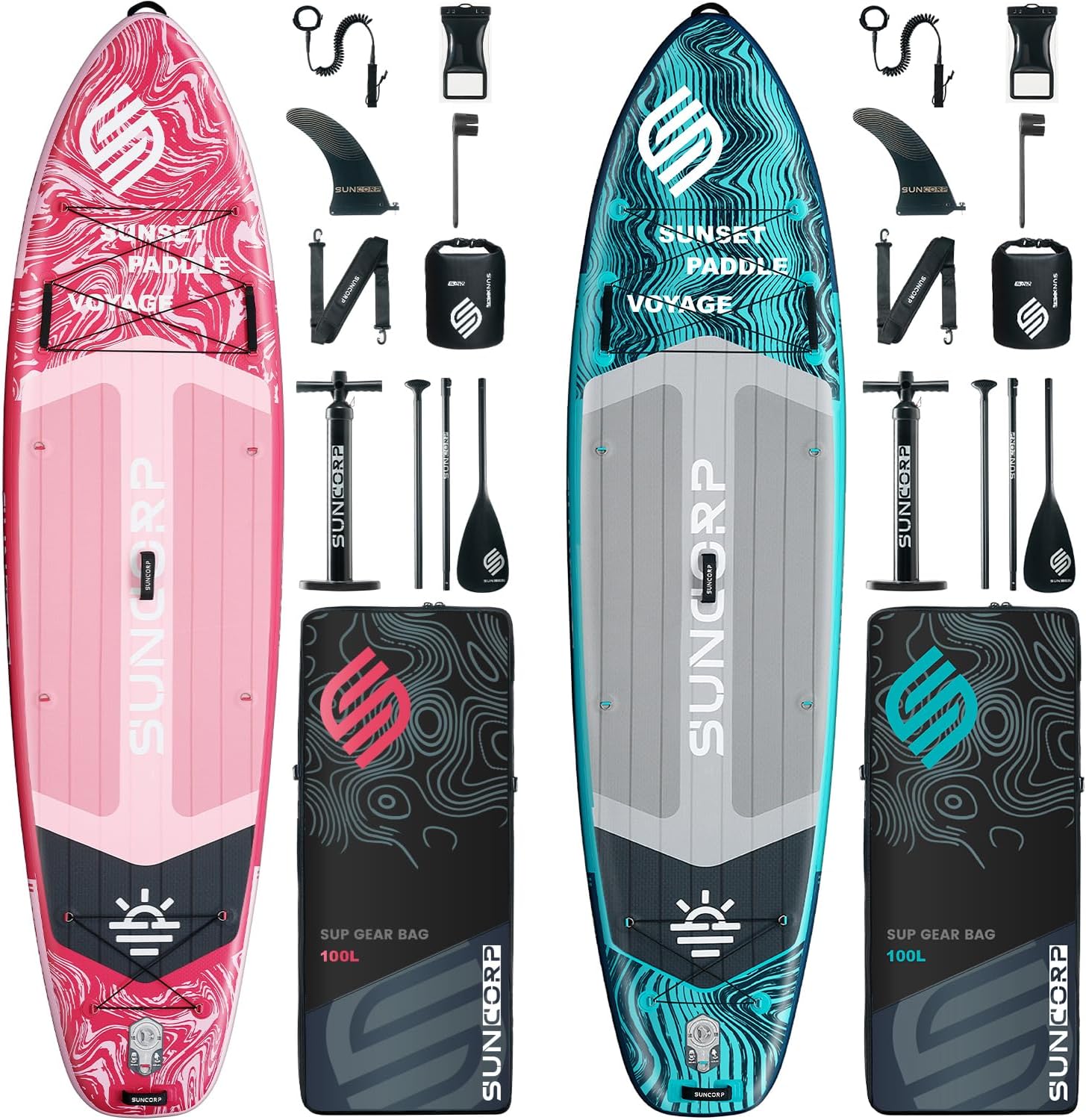 Tabla de paddle surf inflable Suncorp de 3,55 m x 89 cm, paquete de 2 (rosa y azul) – Tablas de paddle surf premium, capacidad de 204 kg, kit completo, mochila de 100 L y bomba de doble acción.