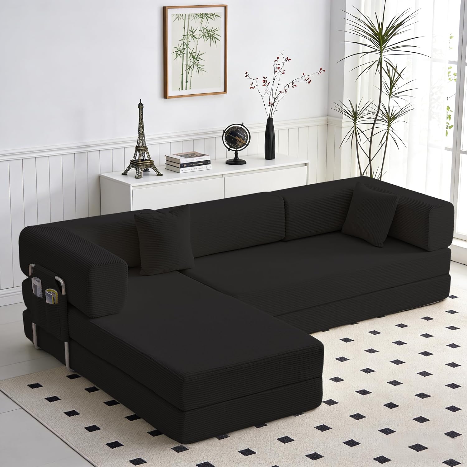 Sofá cama doble tapizado, plegable y convertible, ideal para espacios pequeños como apartamentos, residencias estudiantiles o salas de estar pequeñas. Puede utilizarse para relajarse, leer o tomar una siesta.