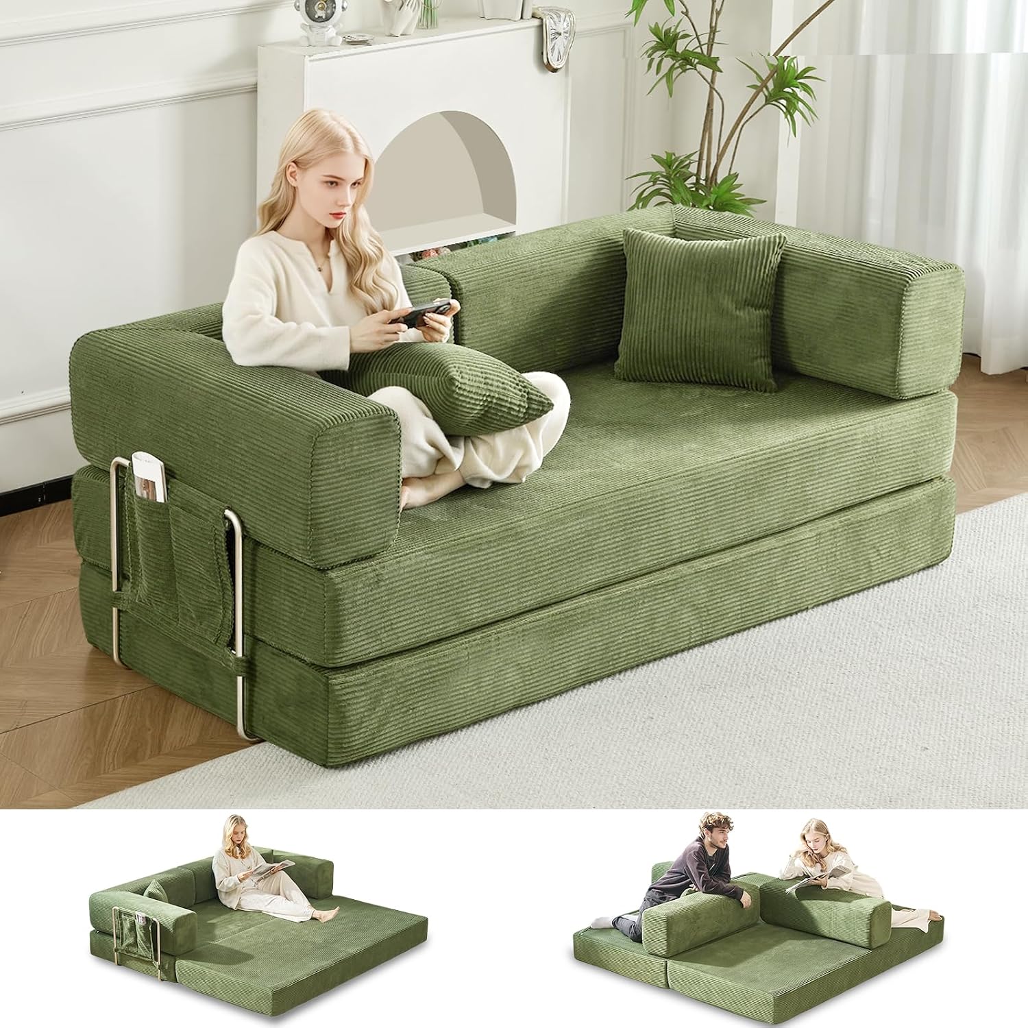 Sofá cama doble tapizado, plegable y convertible, ideal para espacios pequeños como apartamentos, residencias estudiantiles o salas de estar pequeñas. Puede utilizarse para relajarse, leer o tomar una siesta.