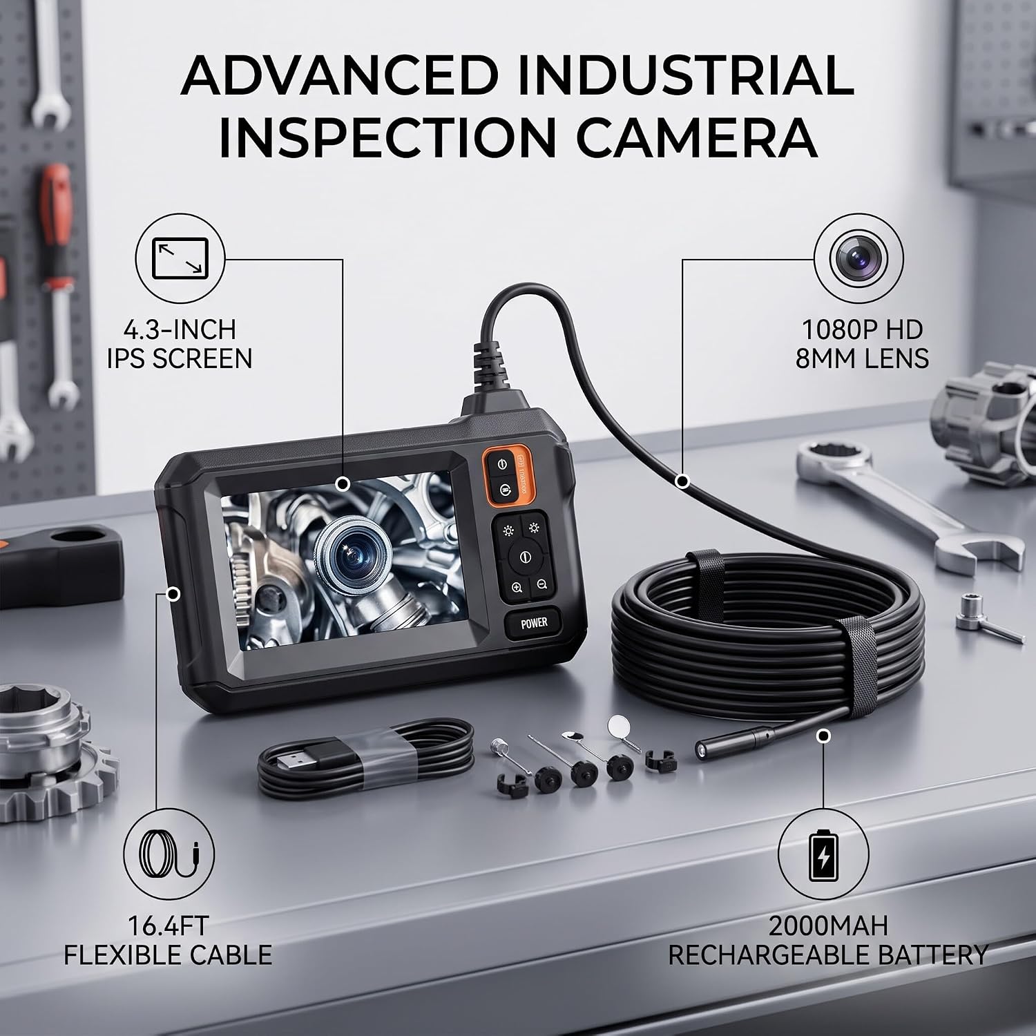 Cámara de inspección, endoscopio industrial IP67, cámara de inspección de tuberías con lente de 8 mm y pantalla de 4,3 pulgadas, boroscopio industrial con cable de 5 metros.