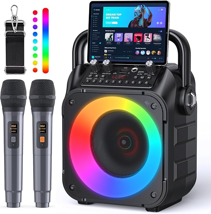 Máquina de karaoke, altavoz Bluetooth portátil con 2 micrófonos inalámbricos para adultos y niños con luces, micrófono de karaoke con sistema PA compatible con USB/TF/FM/AUX para paquetes de sistema