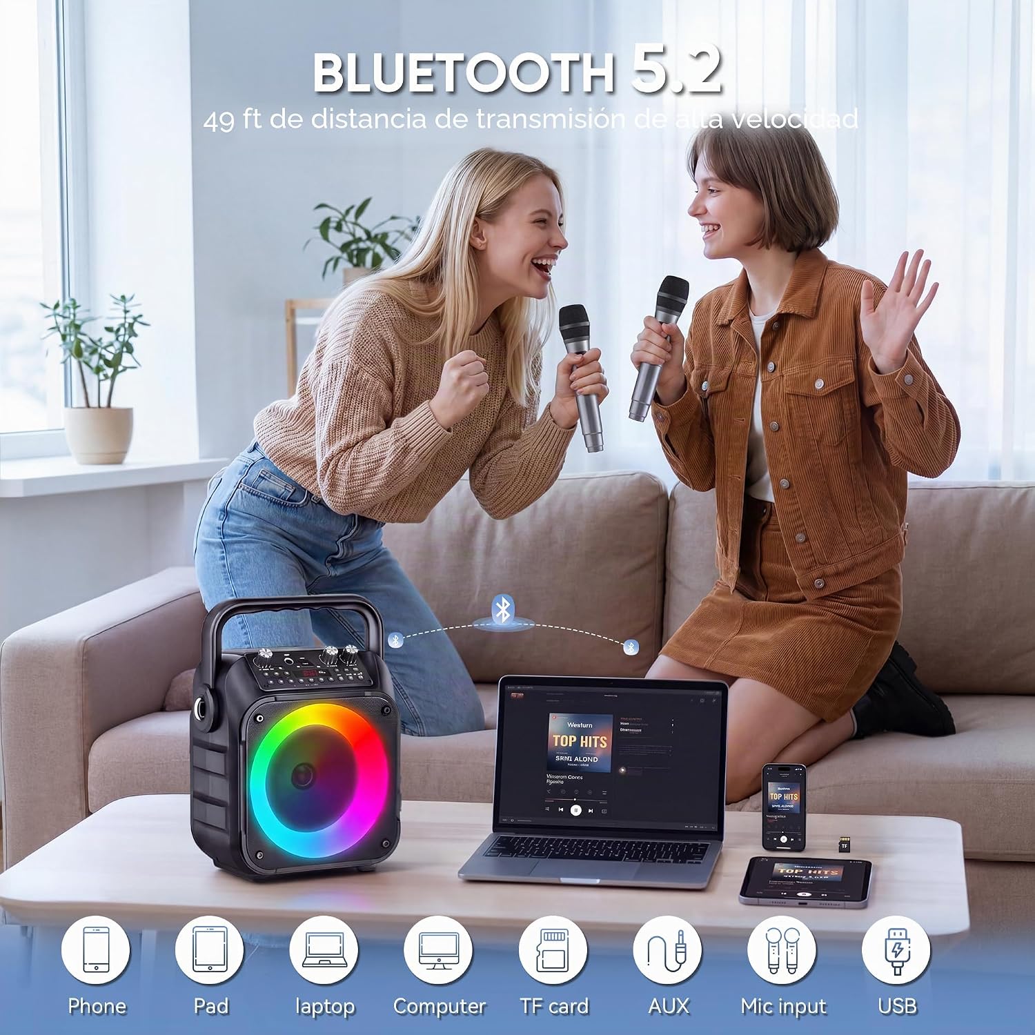 Máquina de karaoke, altavoz Bluetooth portátil con 2 micrófonos inalámbricos para adultos y niños con luces, micrófono de karaoke con sistema PA compatible con USB/TF/FM/AUX para paquetes de sistema