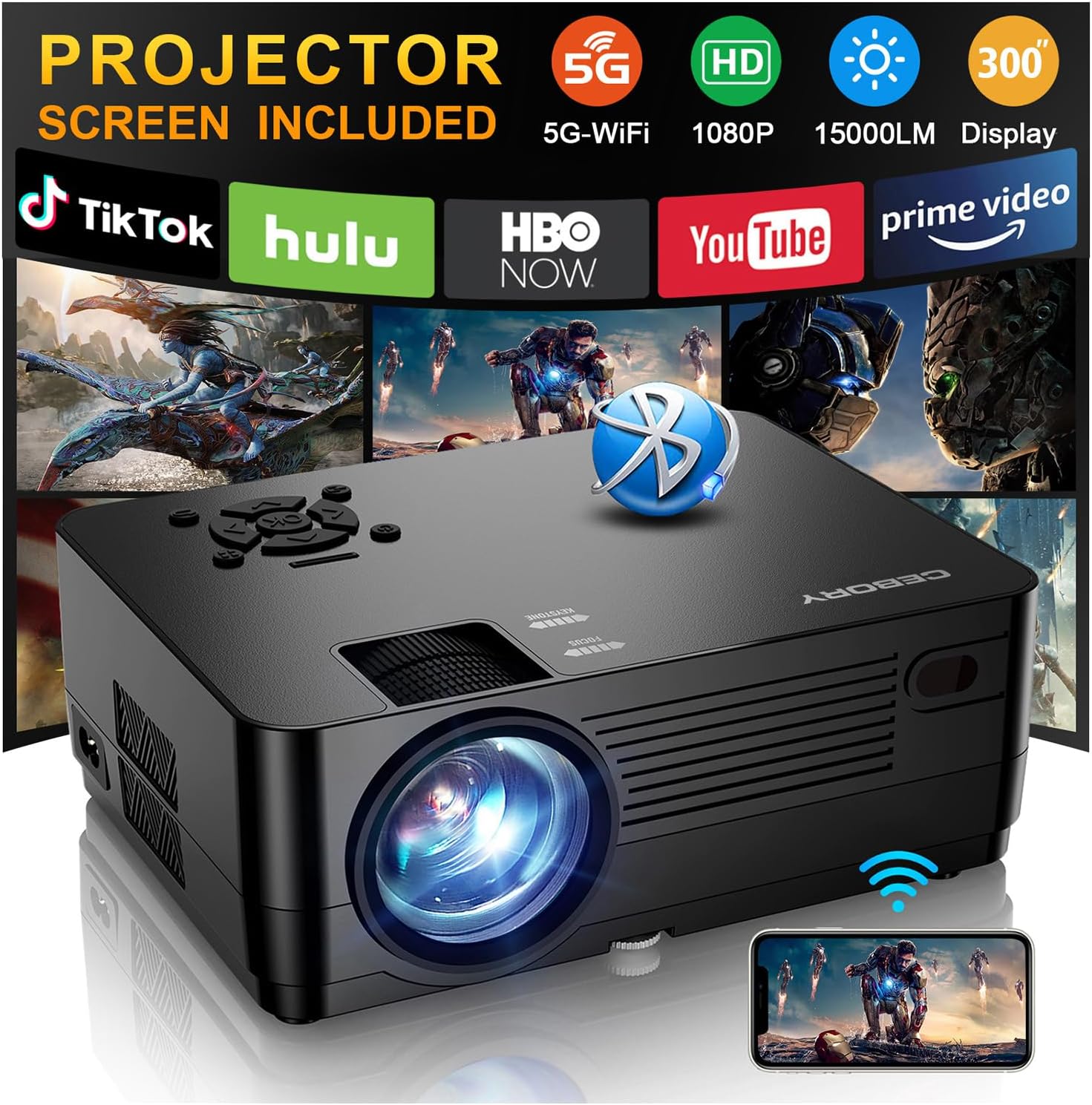 Proyector nativo 1080P con Wifi y Bluetooth, proyector de películas Full HD de 15000LM que incluye pantalla y bolsa de transporte, proyectores 4K compatibles con HDMI/USB/teléfono/portátil, para el hogar, dormitorio y exteriores.