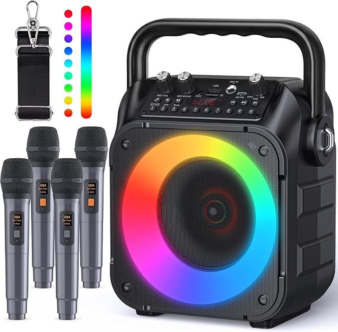 Máquina de karaoke, altavoz Bluetooth portátil con 2 micrófonos inalámbricos para adultos y niños con luces, micrófono de karaoke con sistema PA compatible con USB/TF/FM/AUX para paquetes de sistema