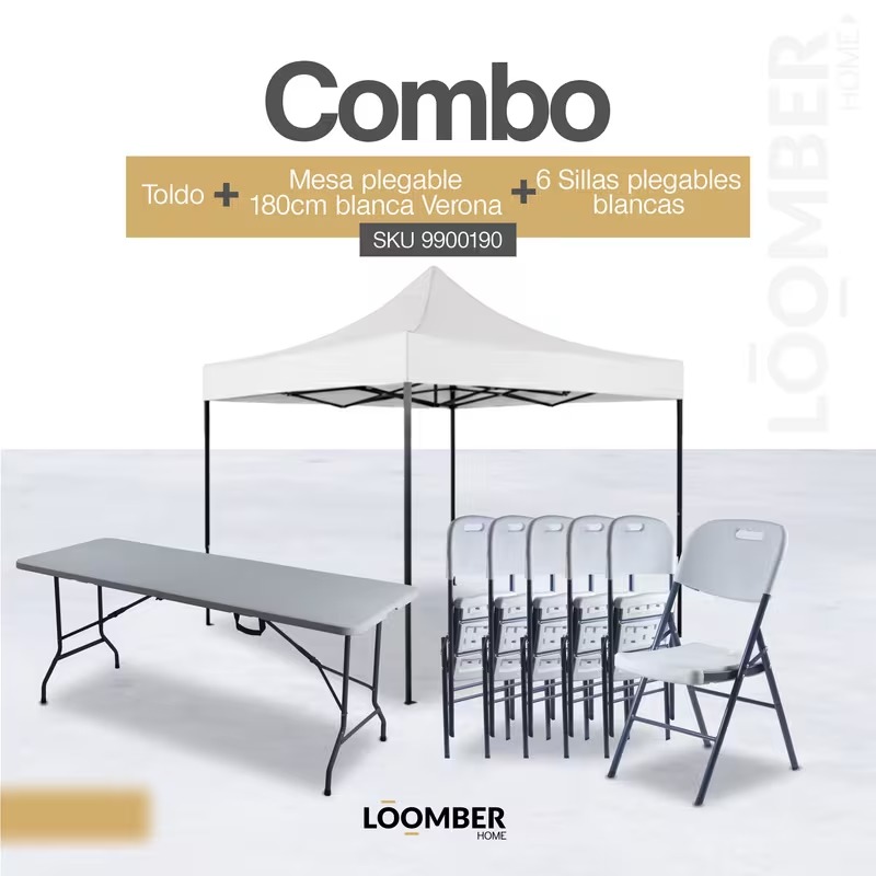 Combo Toldo 3x3 + Mesa Plegable 180 Verona + 6 Sillas Plegables Blancas