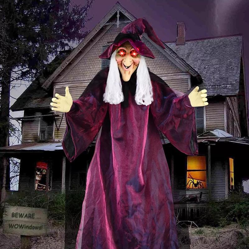 Marca Sound Activated Glowing Hanging Witch de Tamaño Real con Movimiento de Boca y Voz R2B7 Prop Animado de Halloween en Látex Natural 180cm