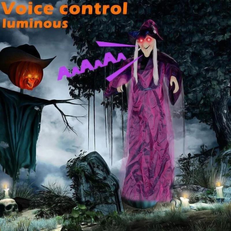 Marca Sound Activated Glowing Hanging Witch de Tamaño Real con Movimiento de Boca y Voz R2B7 Prop Animado de Halloween en Látex Natural 180cm