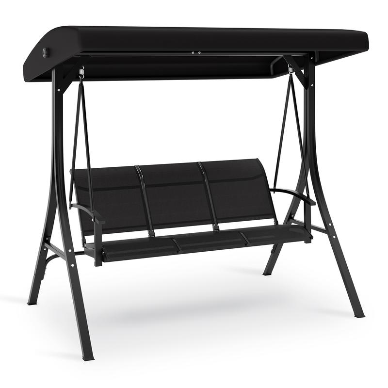 Columpio de jardín para 3 personas – Estructura de acero resistente – Cojines gruesos – Dosel ajustable – Ideal para patio, terraza, porche o piscina – Negro
