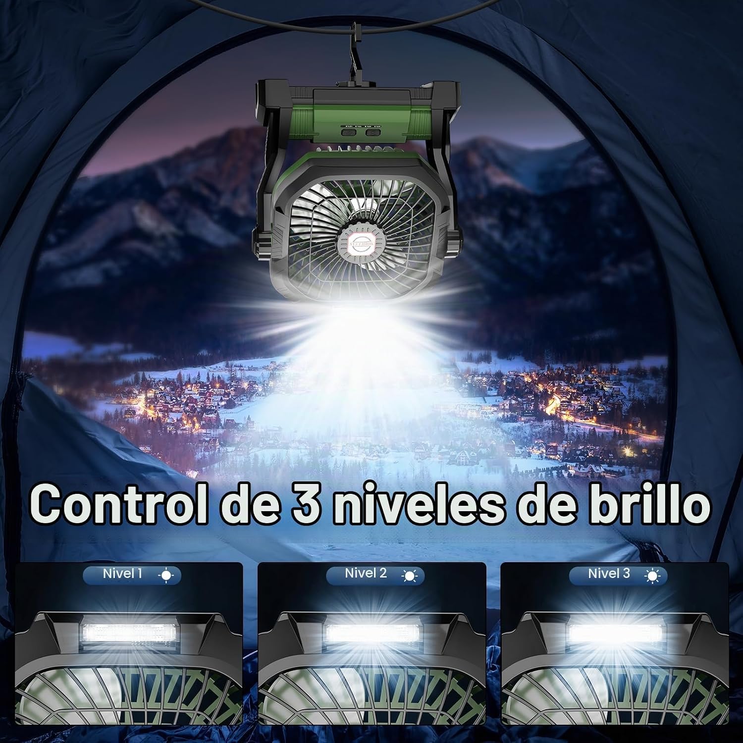 Ventilador recargable para camping, portátil y alimentado por batería de 20.000 mAh, con luz LED y gancho; cuenta con 4 velocidades y cabezal ajustable 270°. Ideal para tiendas de campaña, viajes, coche, uso en interiores y exteriores, barbacoas, pesca y 