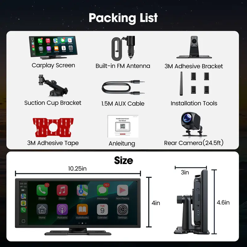 Pantalla LAMTTO de 10,25 pulgadas con CarPlay inalámbrico: compatible con aplicaciones como TikTok, Netflix y YouTube, uso de aplicaciones en pantalla dividida, cámara de visión trasera, navegación y asistente de voz. Compatible con iOS 10+ y Android 11+.