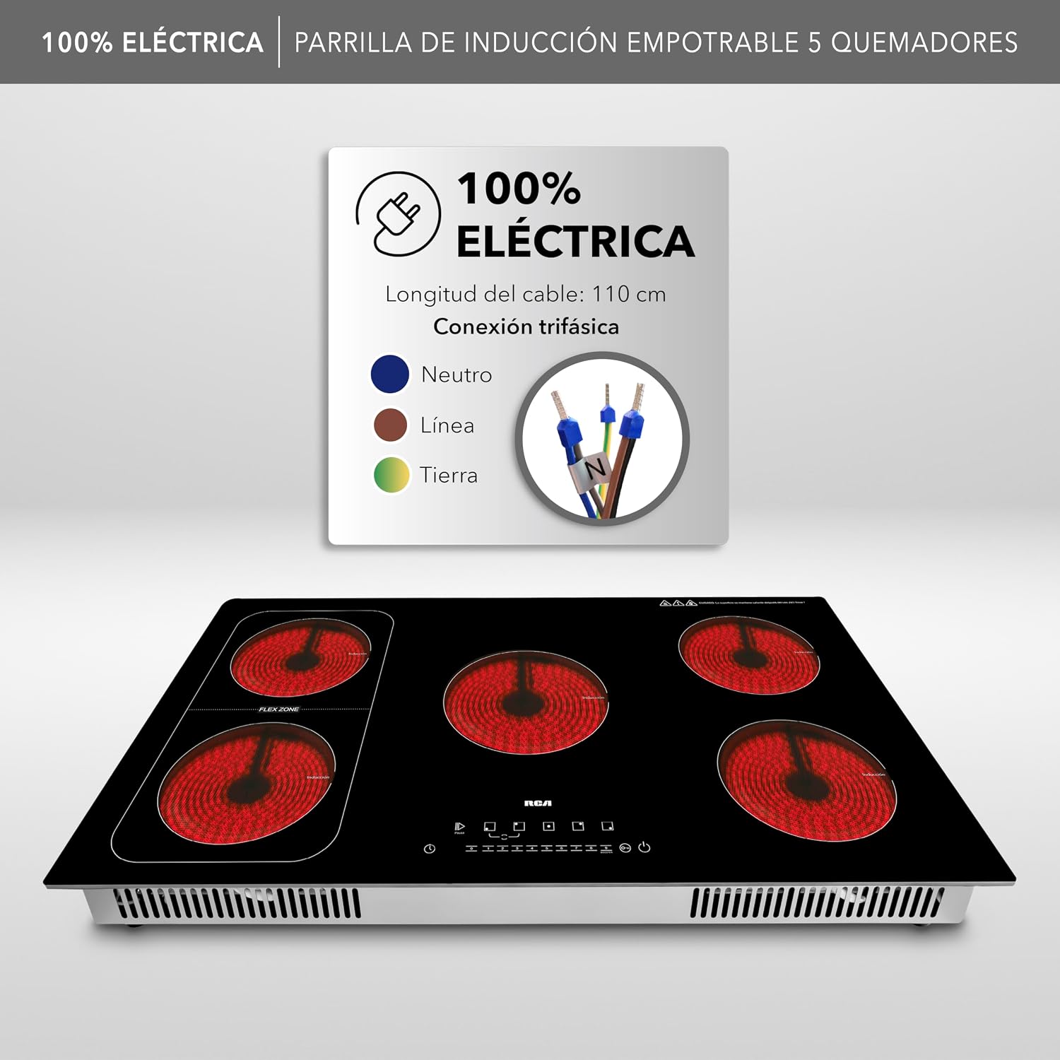 RCA Parrilla de Inducción Empotrable RC-12A15 de 5 Quemadores Vidrio Templado, Control Táctil, Temporizador 9 Niveles, Temperatura Zona Flex, Seguridad con Bloqueo Touch, Sistema Antiderrapante.