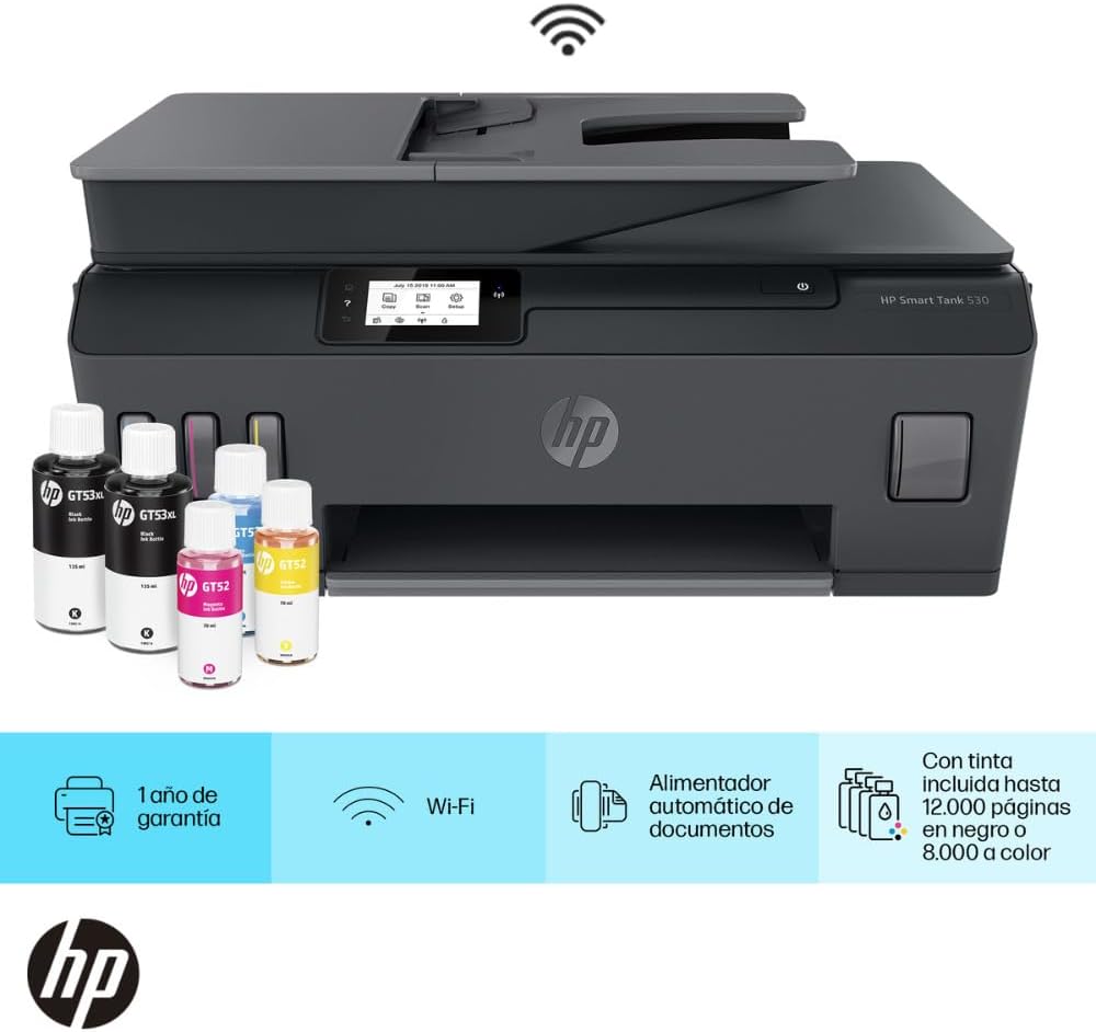 HP Impresora Multifuncional HP Smart Tank 530, Tinta Continua, Color, Wi-Fi, Dúplex (Doble Cara) Manual, ADF Alimentador Automático (4SB24A)
