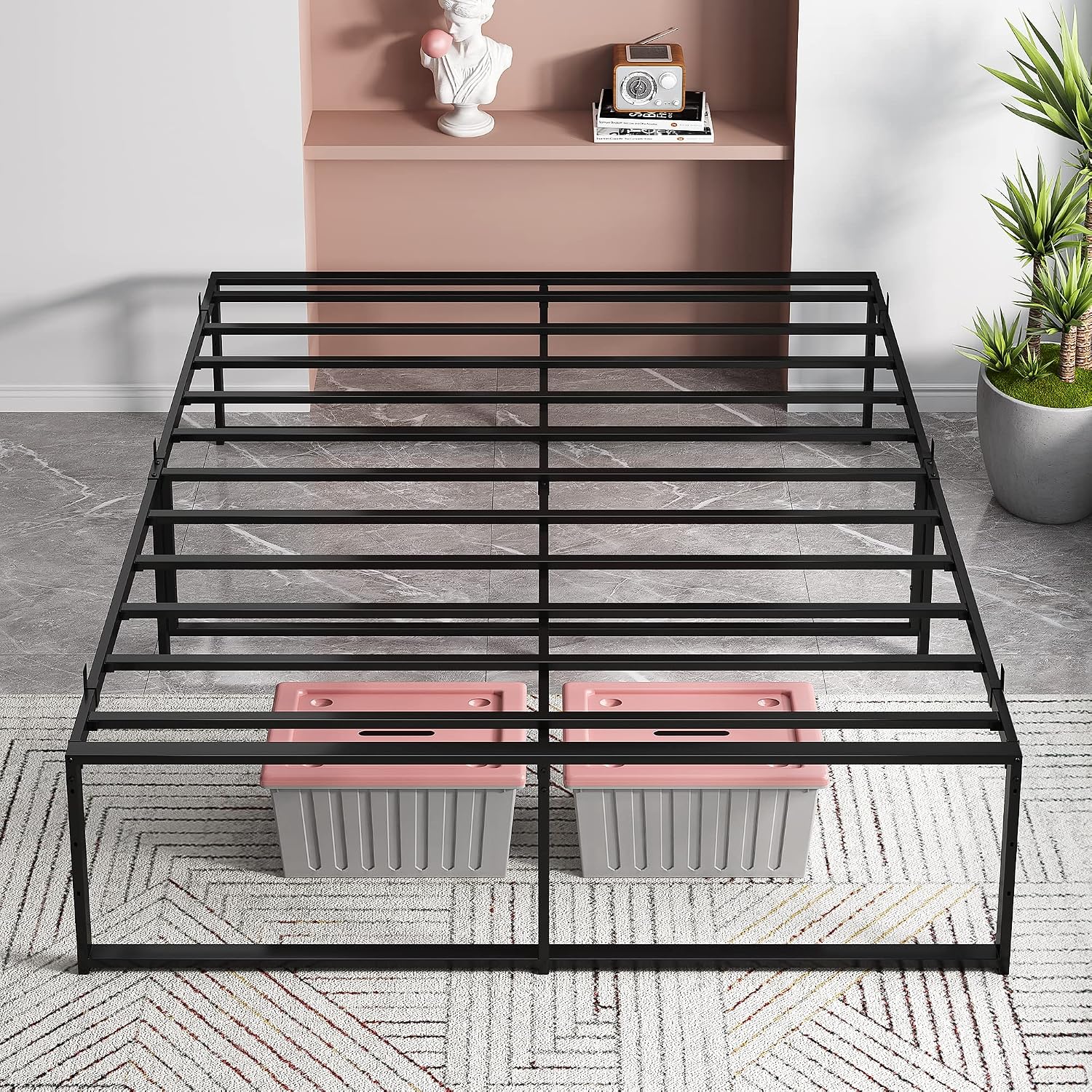 IDEALHOUSE - Estructura de cama de plataforma de metal tamaño Queen con resistentes láminas de acero; base para colchón (no requiere somier), amplio espacio de almacenamiento, fácil montaje, estable y silenciosa, color negro (Modelo: C80)